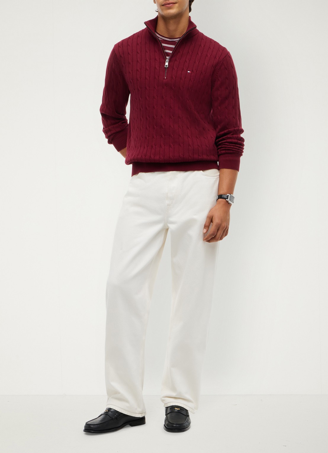 Tommy Hilfiger Kabelgebreide trui met halve rits en logo - voorkant 5 burgundy-vlp