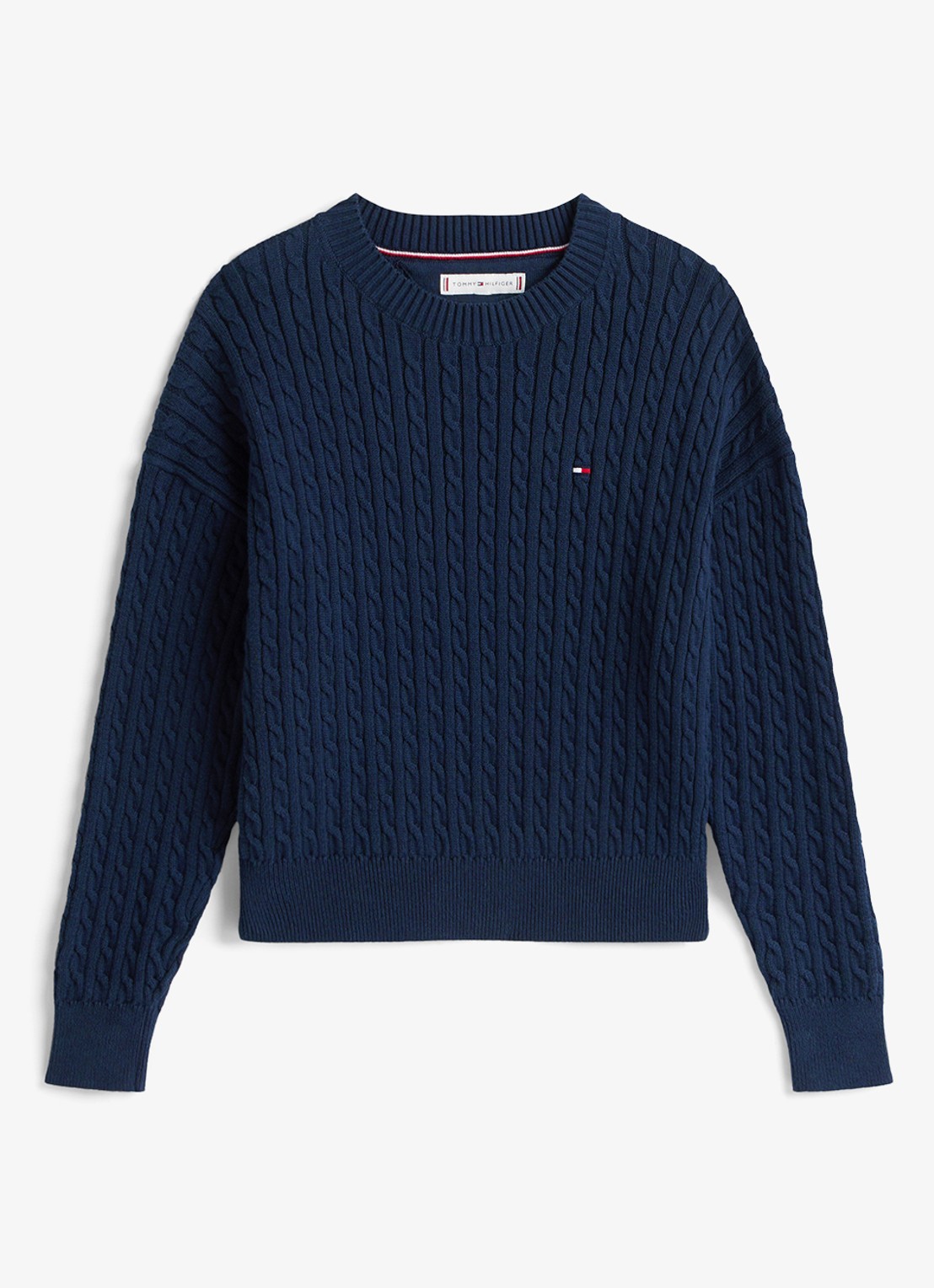 Tommy Hilfiger Kabelgebreide trui met logoborduring - voorkant 2 donkerblauw