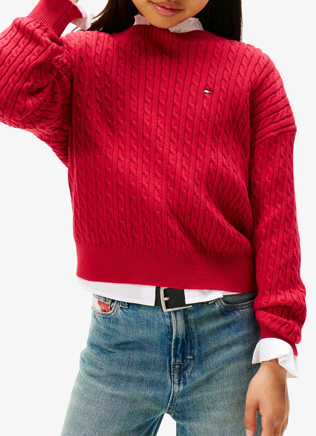 Tommy Hilfiger Kabelgebreide trui met logoborduring - detail rood