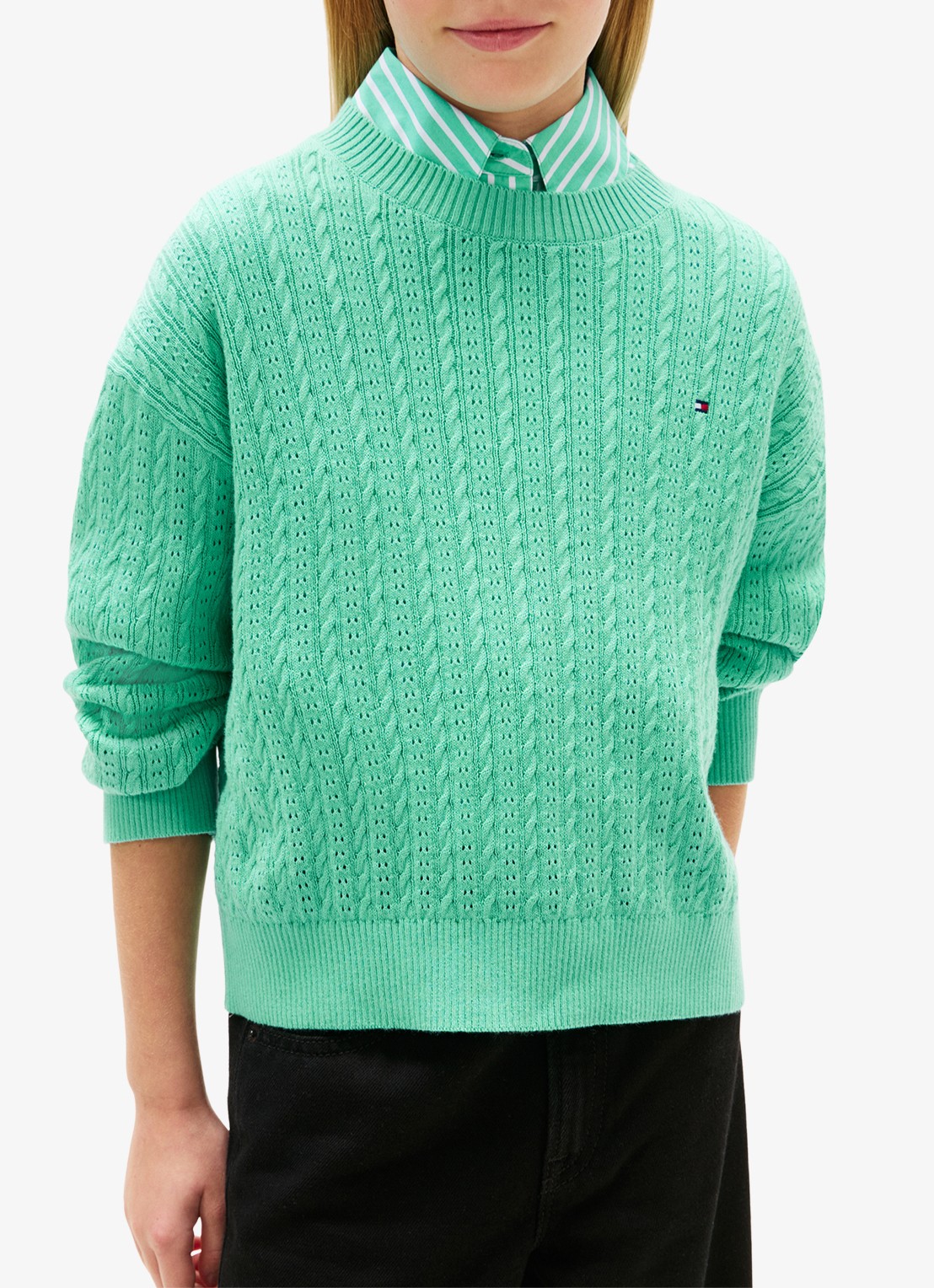 Tommy Hilfiger Kabelgebreide trui met logoborduring - detail groen