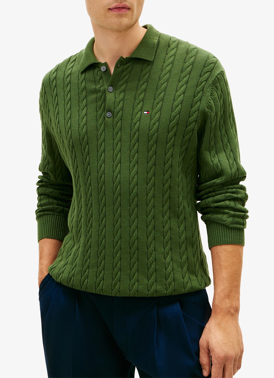 Tommy Hilfiger Kabelgebreide trui met polokraag en logoborduring - detail 3 donkergroen
