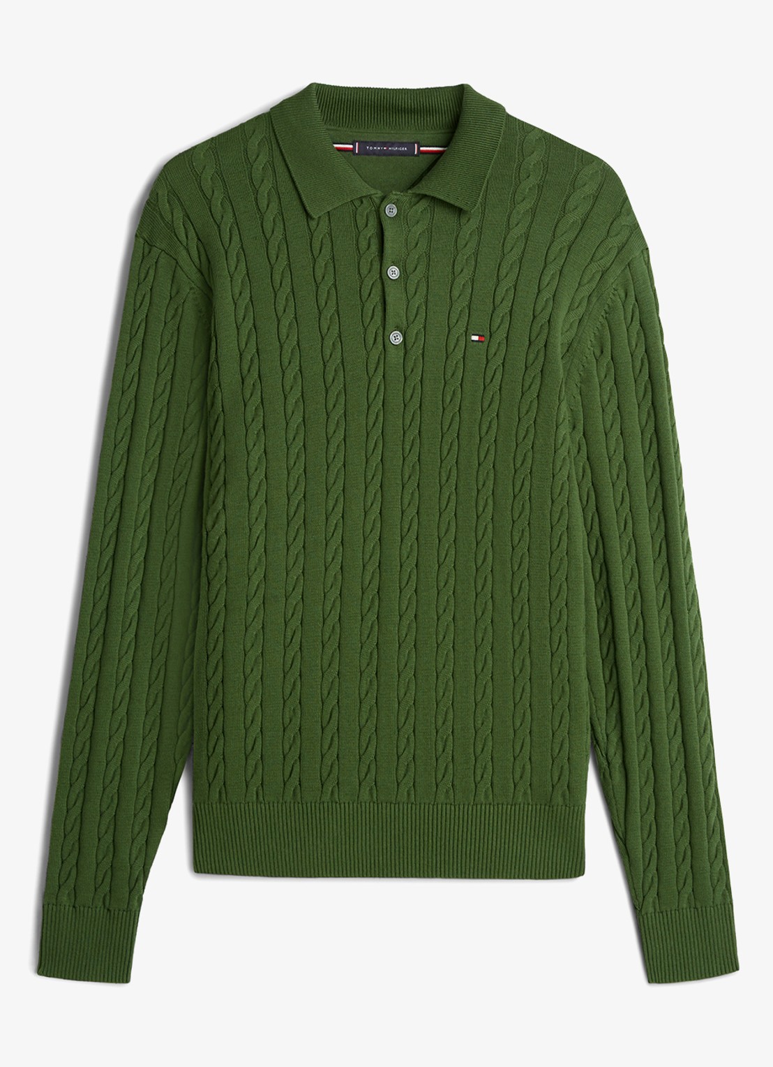 Tommy Hilfiger Kabelgebreide trui met polokraag en logoborduring - voorkant donkergroen