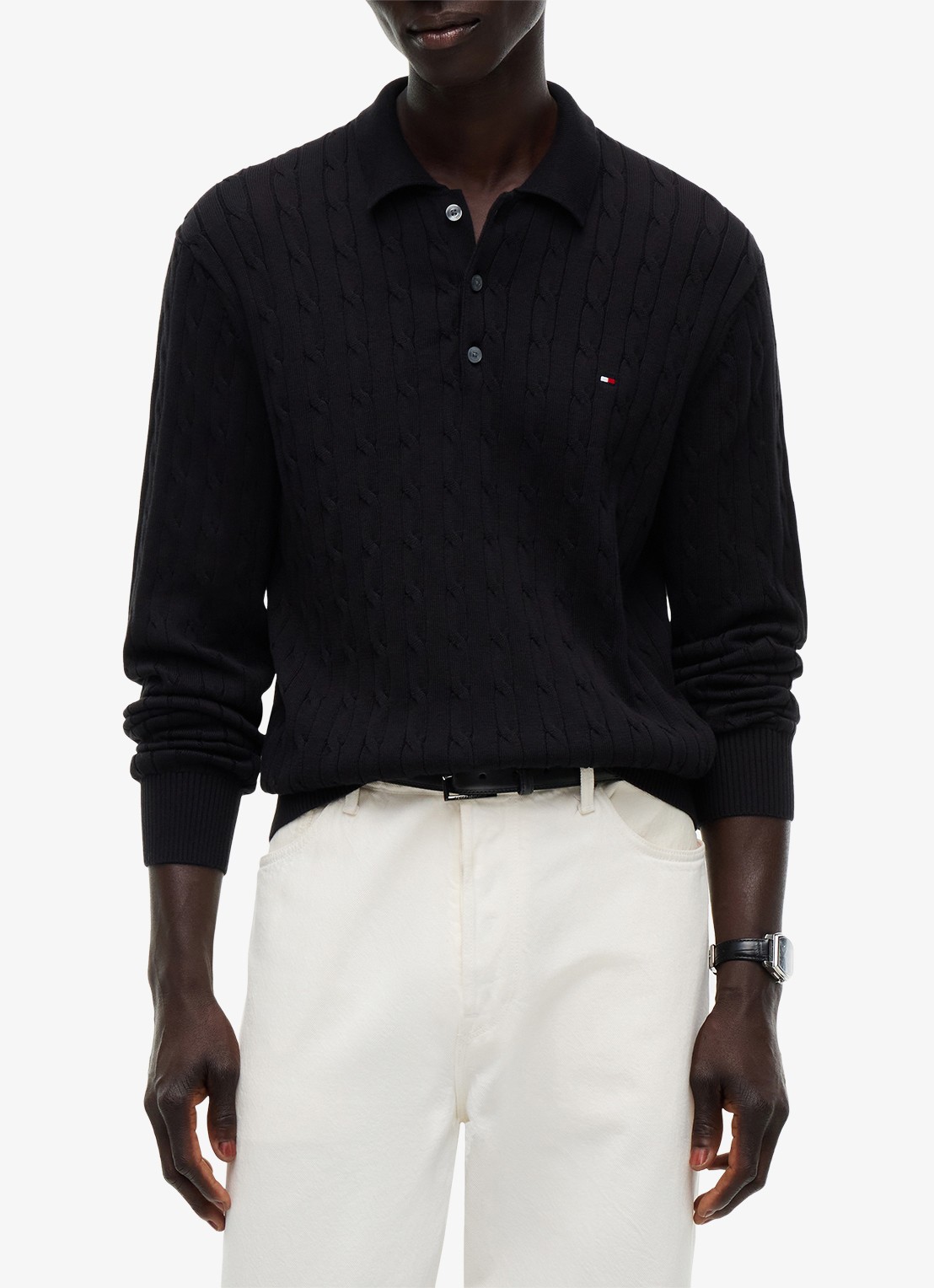 Tommy Hilfiger Kabelgebreide trui met polokraag en logoborduring - detail 2 zwart
