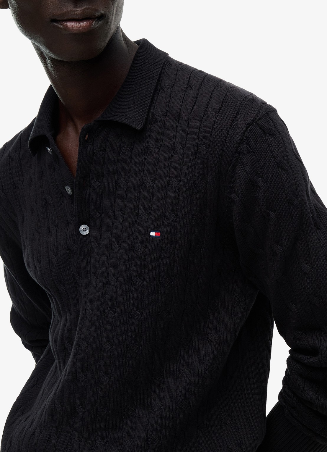 Tommy Hilfiger Kabelgebreide trui met polokraag en logoborduring - detail 3 zwart