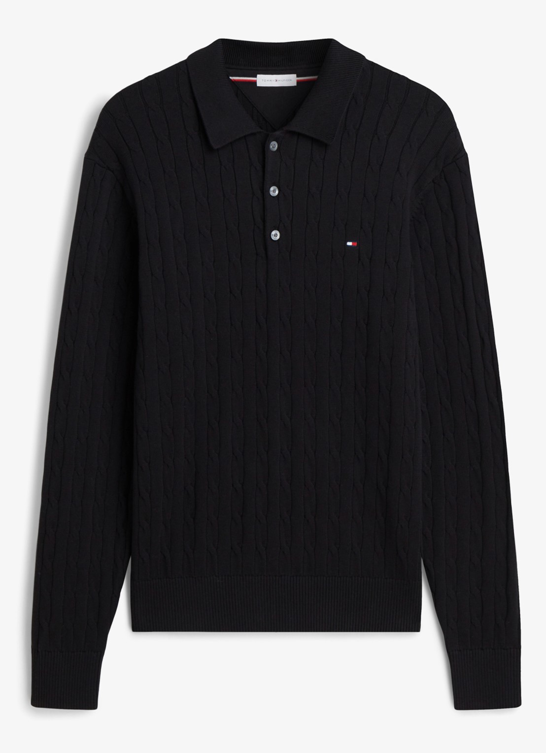 Tommy Hilfiger Kabelgebreide trui met polokraag en logoborduring - voorkant 4 zwart
