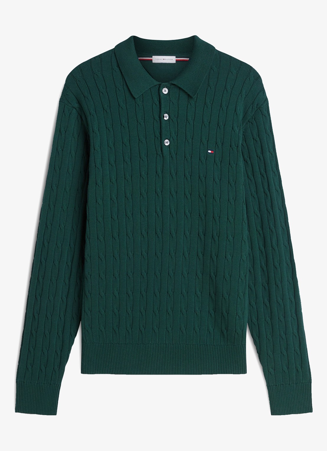 Tommy Hilfiger Kabelgebreide trui met polokraag en logoborduring - voorkant donkergroen