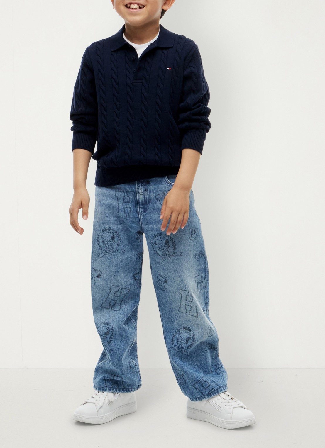 Tommy Hilfiger Kabelgebreide trui met polokraag - voorkant 8 donkerblauw