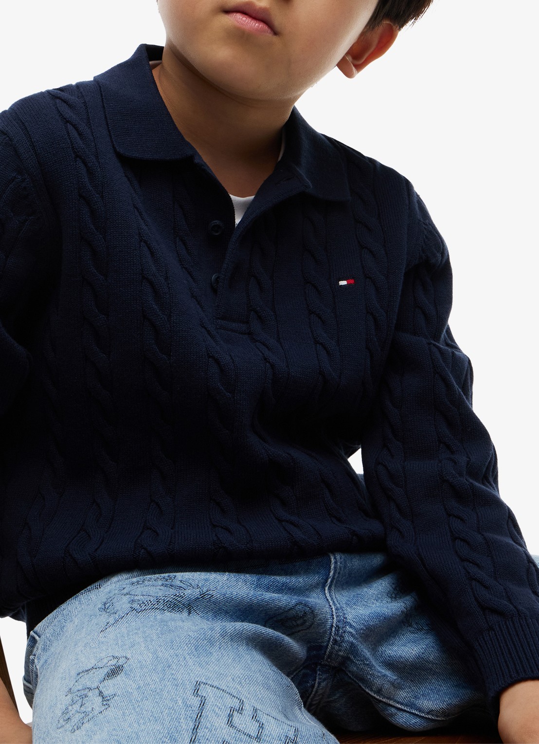 Tommy Hilfiger Kabelgebreide trui met polokraag - detail 4 donkerblauw