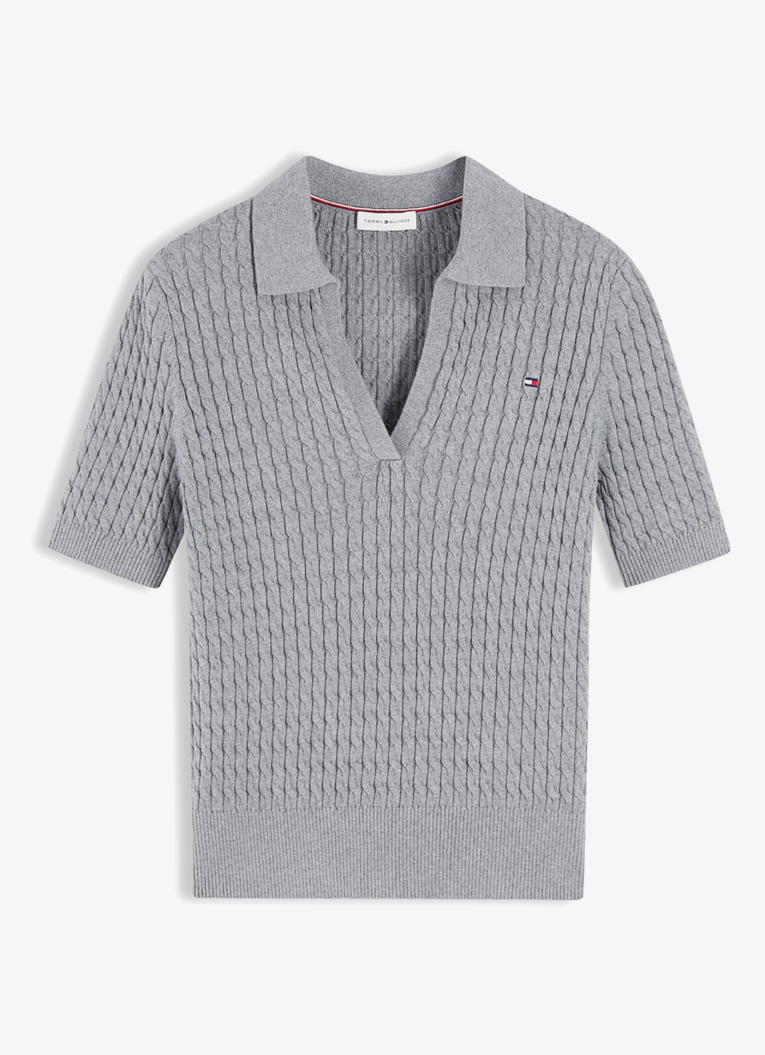 Tommy Hilfiger Kabelgebreide trui met v-hals  - voorkant grijs