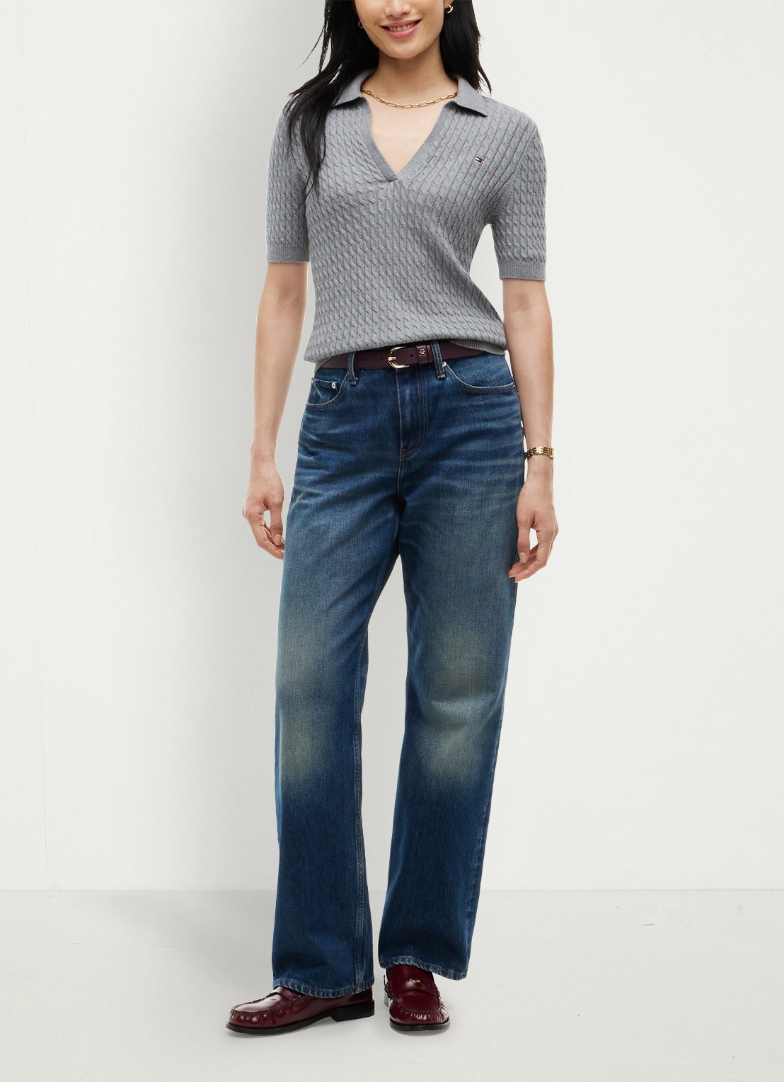 Tommy Hilfiger Kabelgebreide trui met v-hals  - voorkant 2 grijs
