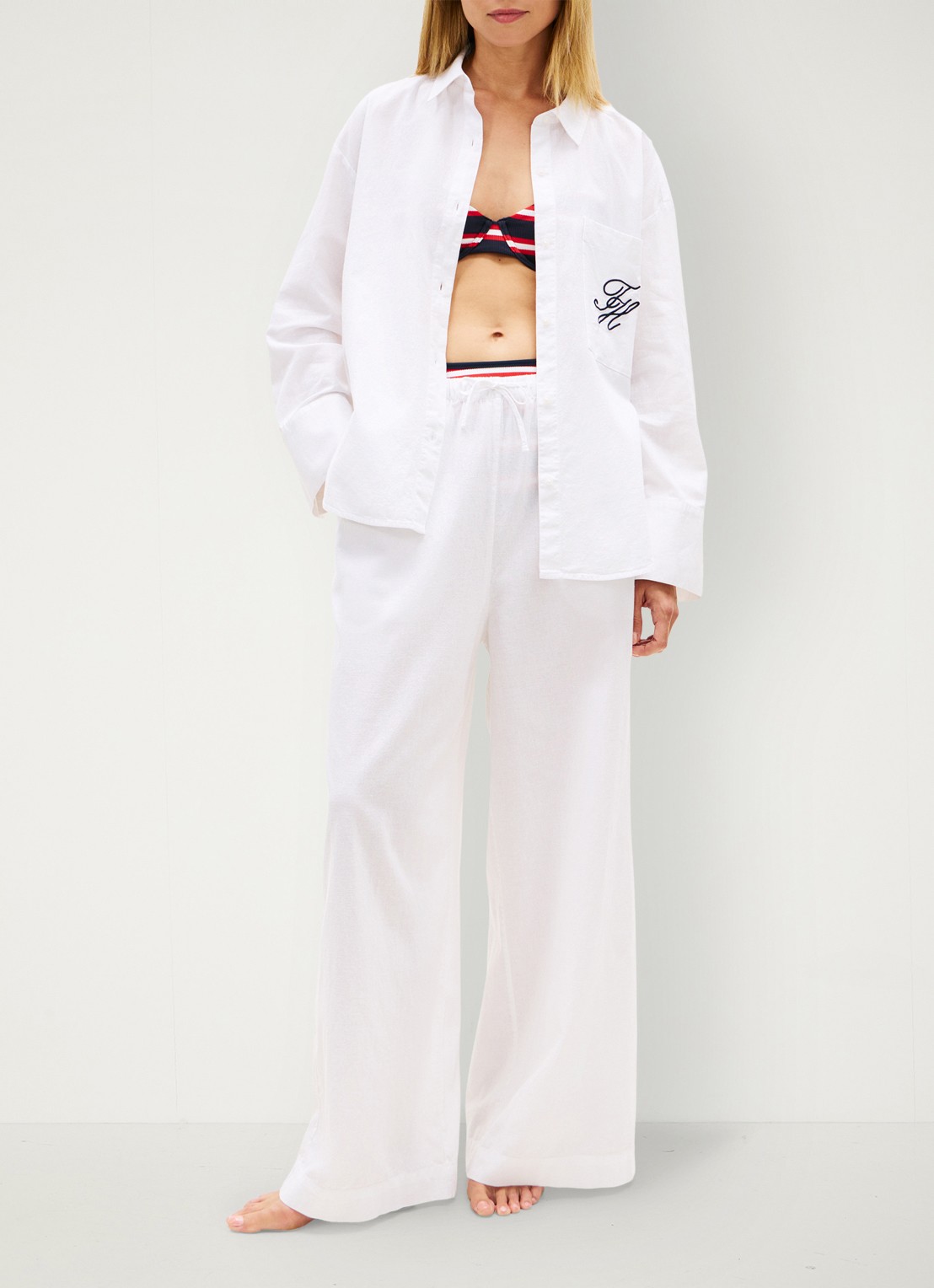 Tommy Hilfiger Low waist wide fit palazzo broek met logo - voorkant 5 wit