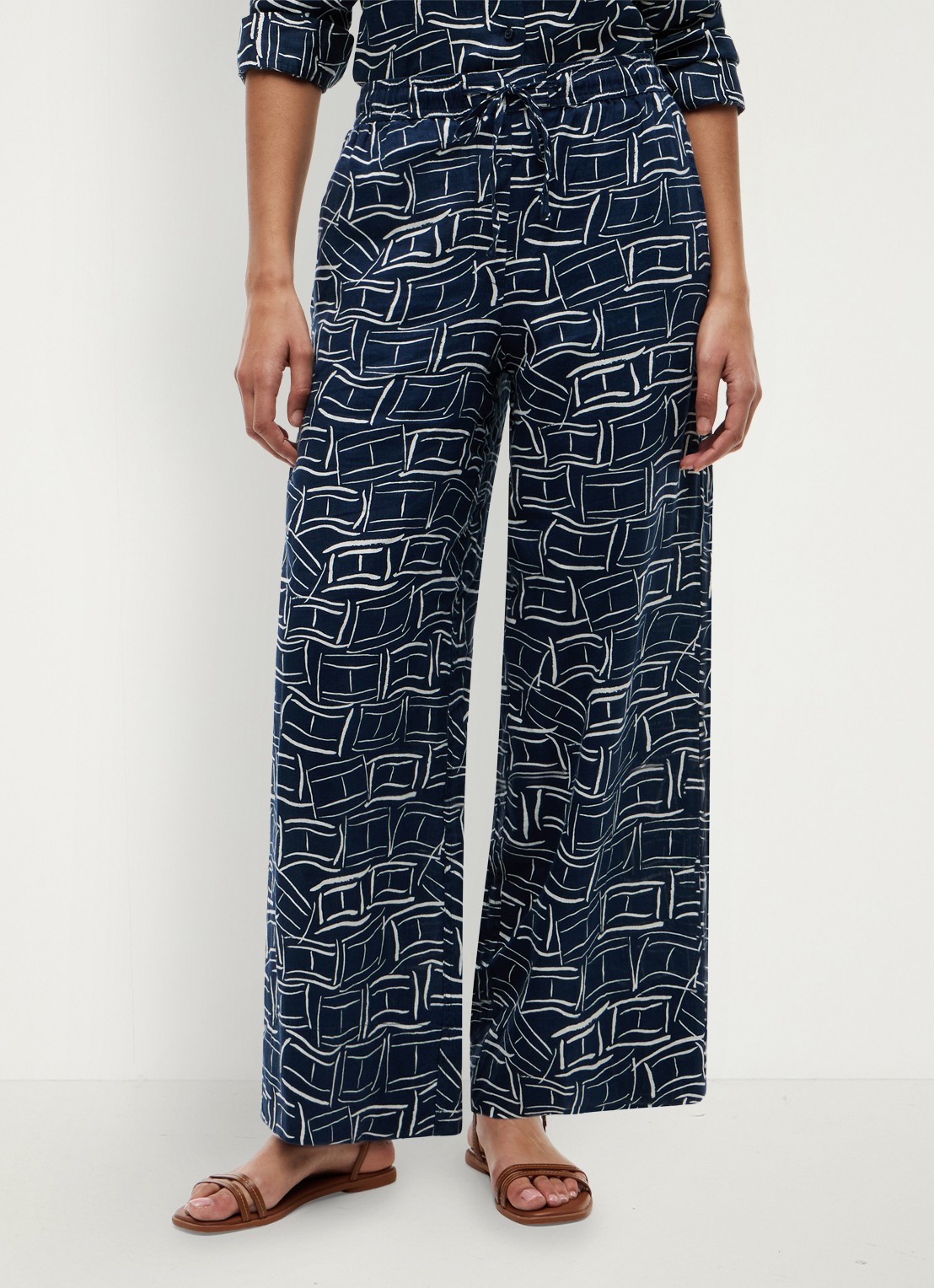 Tommy Hilfiger Mid waist wide fit palazzo broek van linnen - detail donkerblauw