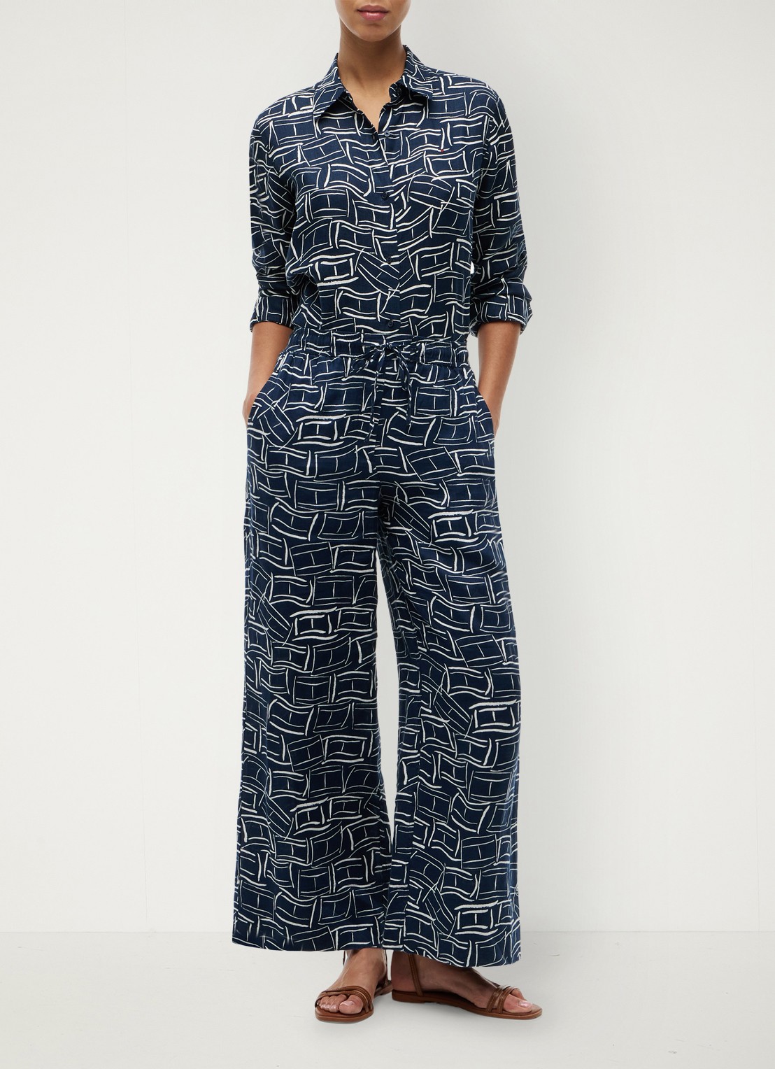 Tommy Hilfiger Mid waist wide fit palazzo broek van linnen - voorkant 5 donkerblauw