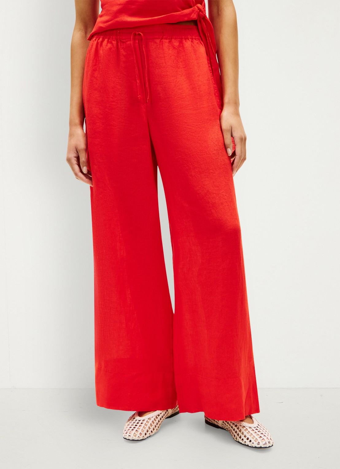 Tommy Hilfiger Mid waist wide fit palazzo broek van linnen - detail 2 koraalrood