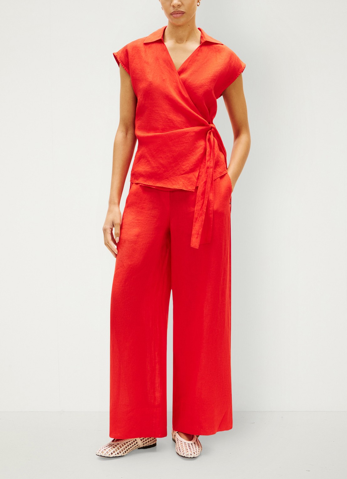 Tommy Hilfiger Mid waist wide fit palazzo broek van linnen - voorkant 5 koraalrood