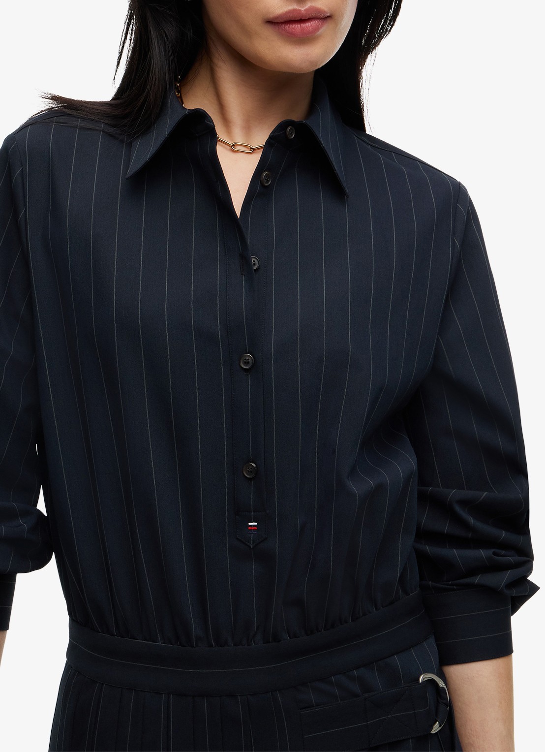 Tommy Hilfiger Midi blouse jurk met streepprint  - detail 4 donkerblauw