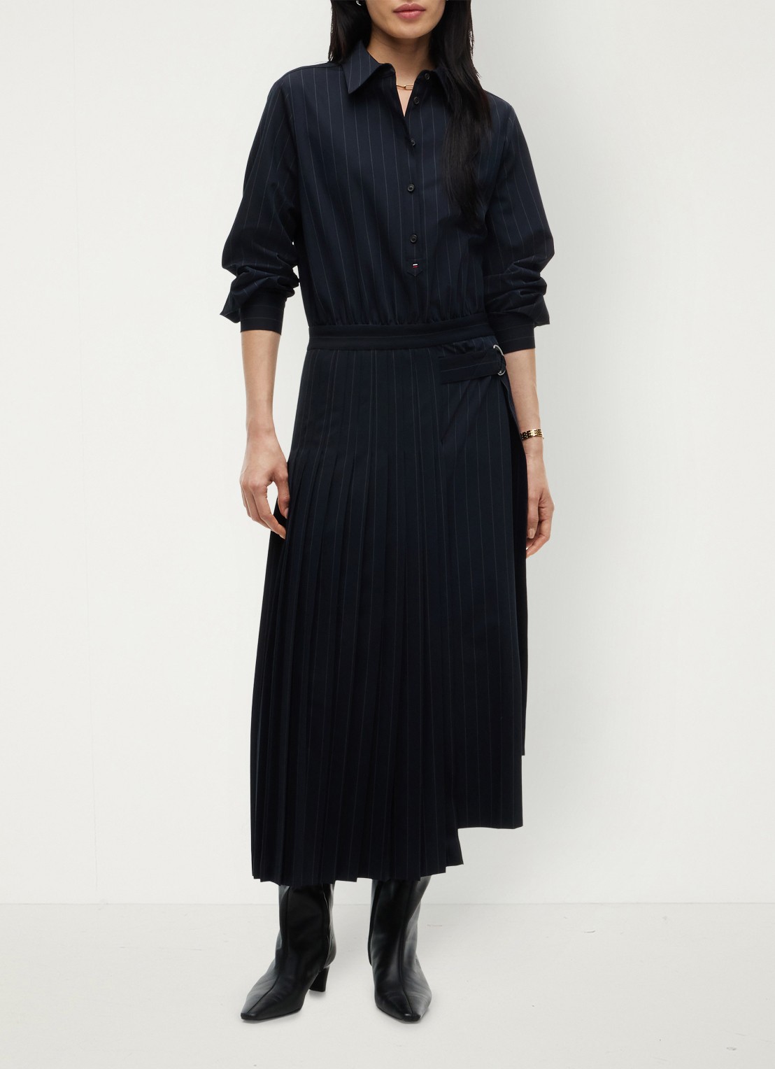 Tommy Hilfiger Midi blouse jurk met streepprint  - voorkant 3 donkerblauw