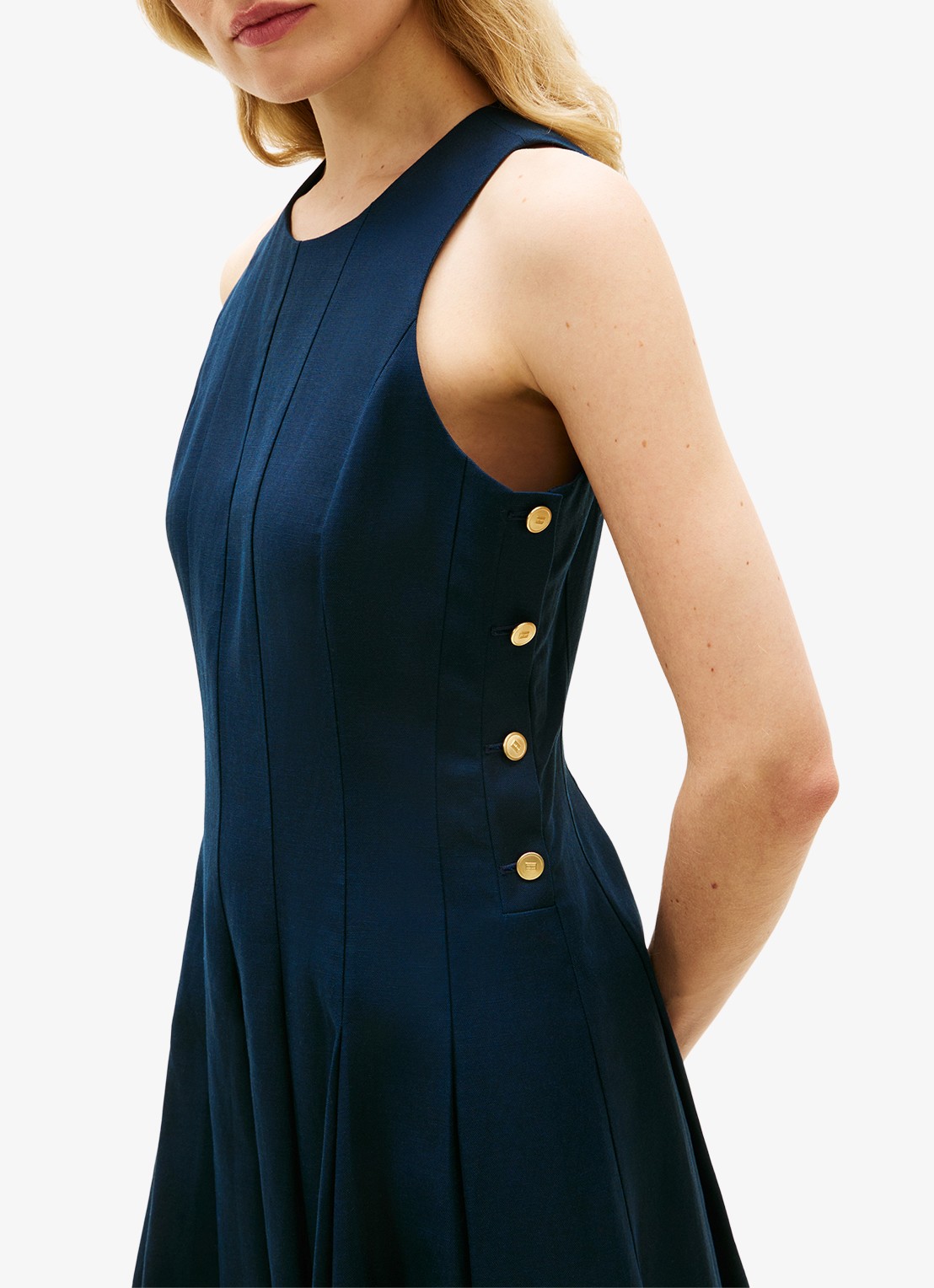 Tommy Hilfiger Midi jurk in linnenblend met plooien - detail 5 blauw