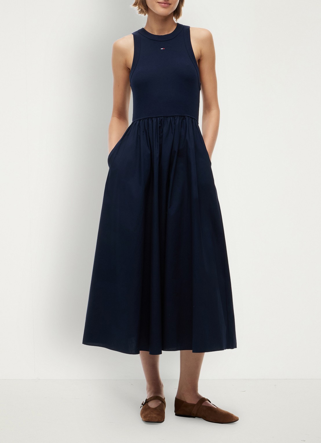 Tommy Hilfiger Midi jurk met plooien en logoborduring - voorkant 4 donkerblauw