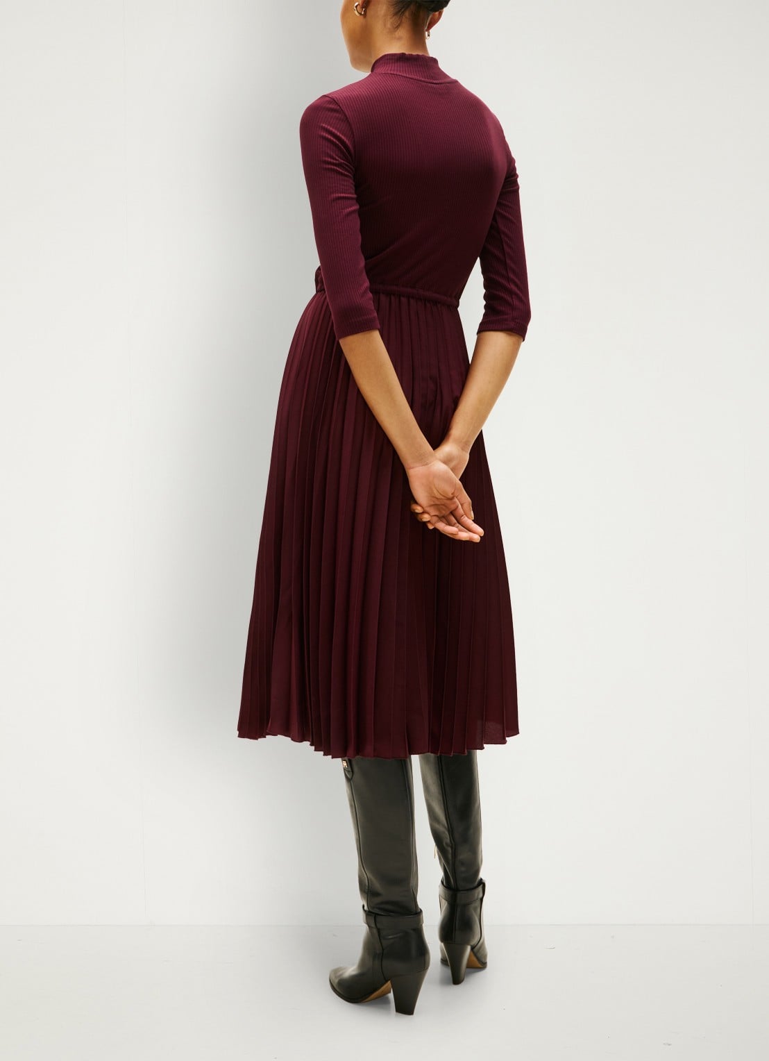 Tommy Hilfiger Midi jurk met ribstructuur en plissé - achterkant 3 bordeauxrood