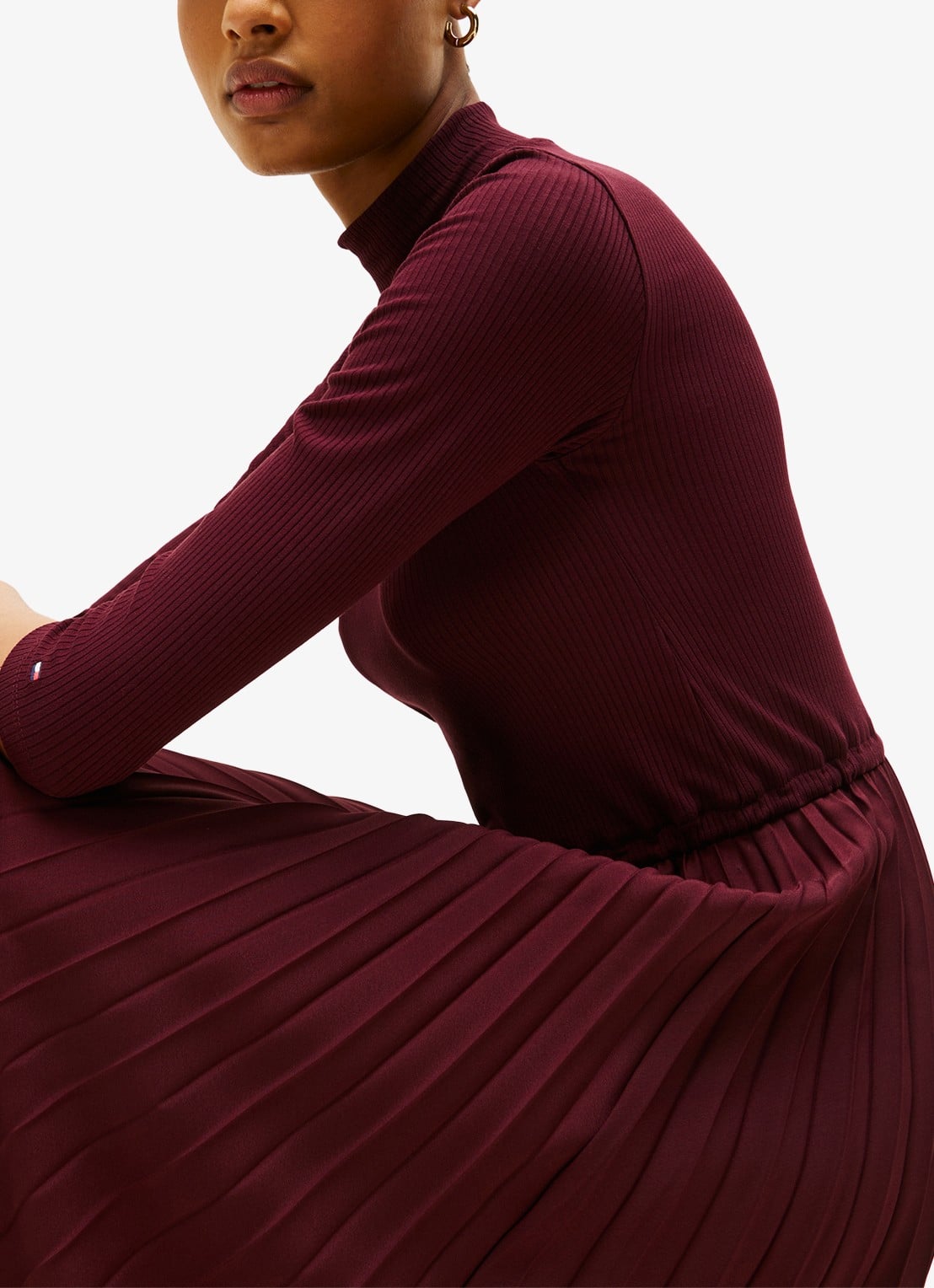 Tommy Hilfiger Midi jurk met ribstructuur en plissé - detail 2 bordeauxrood