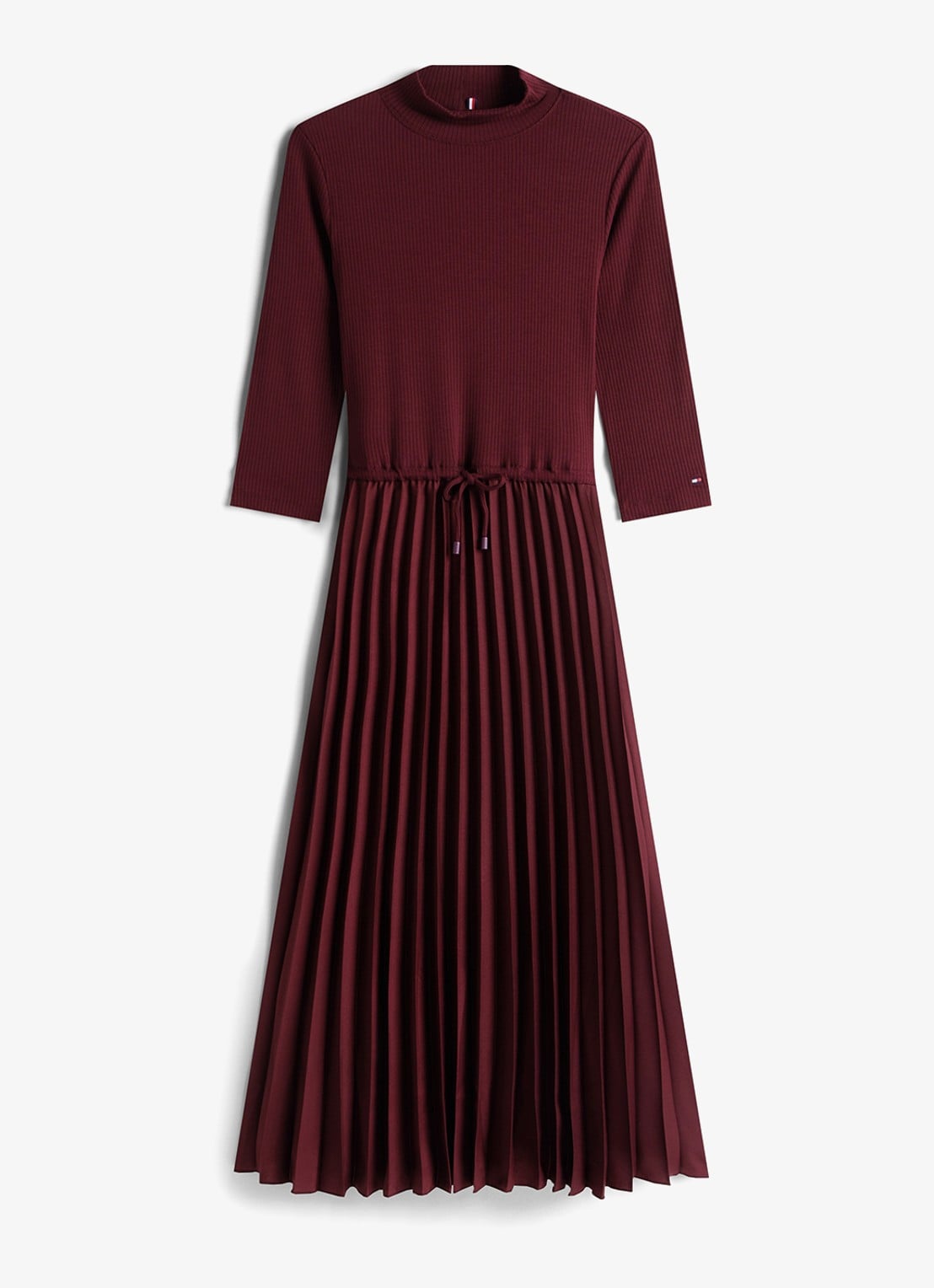 Tommy Hilfiger Midi jurk met ribstructuur en plissé - voorkant 4 bordeauxrood
