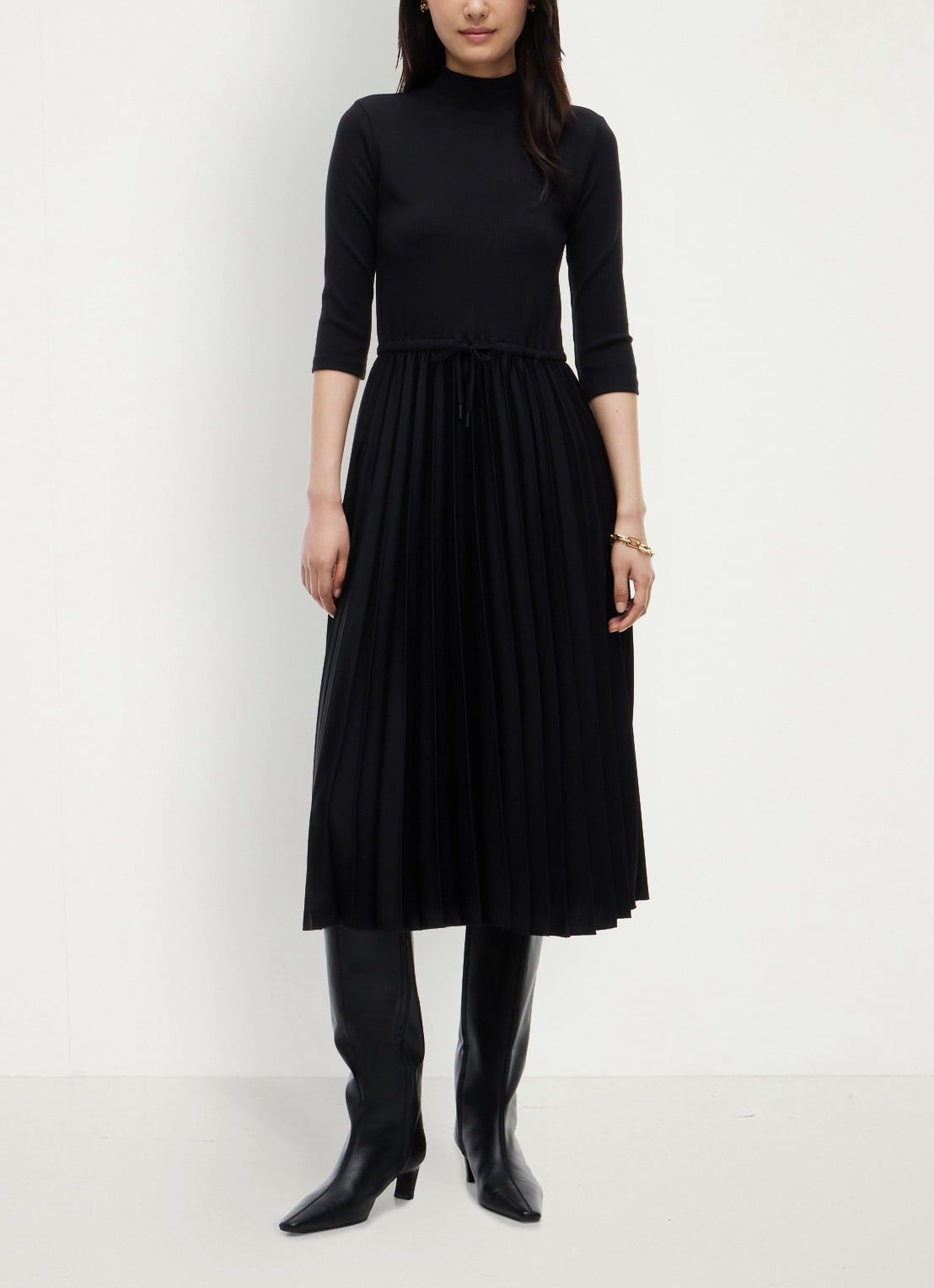 Tommy Hilfiger Midi jurk met ribstructuur en plissé - voorkant 3 zwart