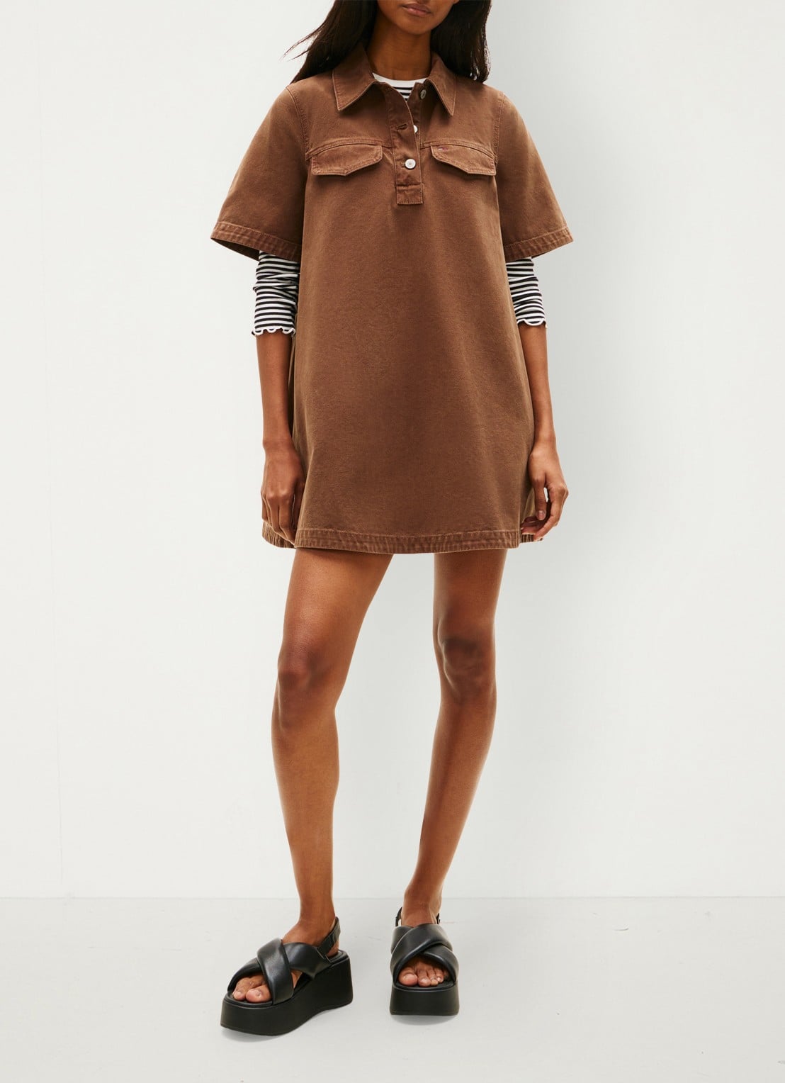 Tommy Hilfiger Mini denim jurk met kraag - voorkant 3 bruin