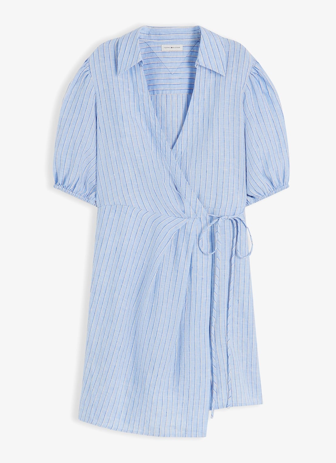 Tommy Hilfiger Mini wikkeljurk met pofmouw - voorkant 2 lichtblauw