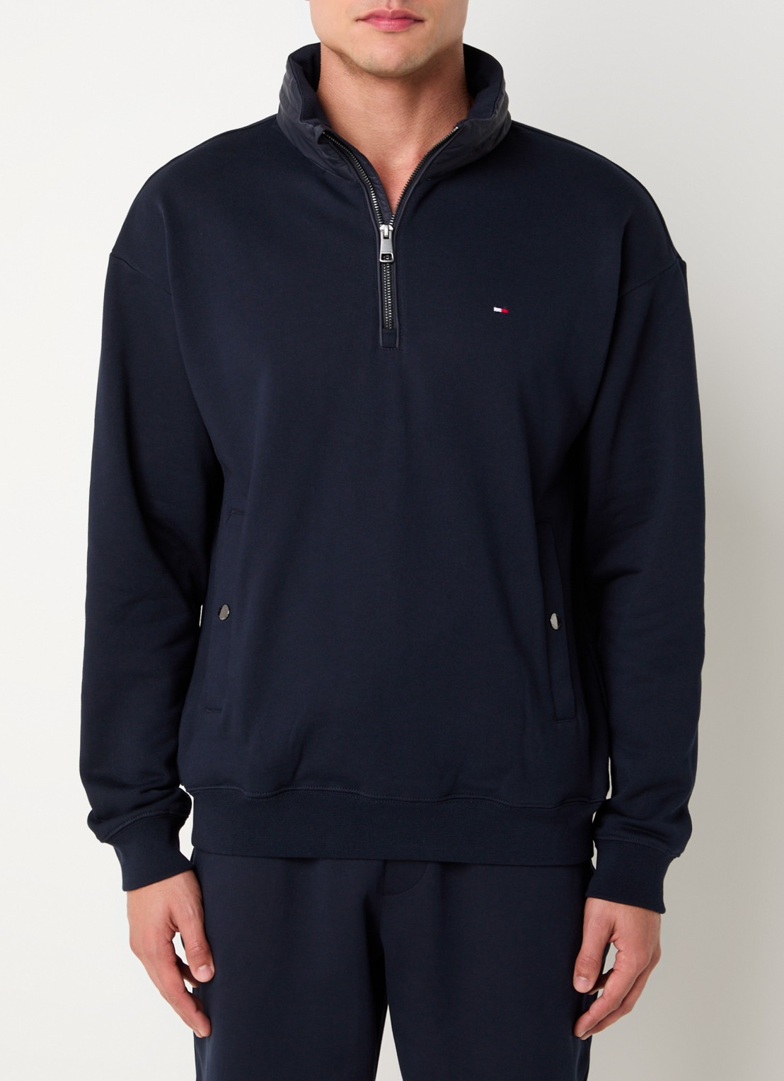 Tommy Hilfiger Mix Media sweater met halve rits en opbergbare capuchon - detail 3 donkerblauw
