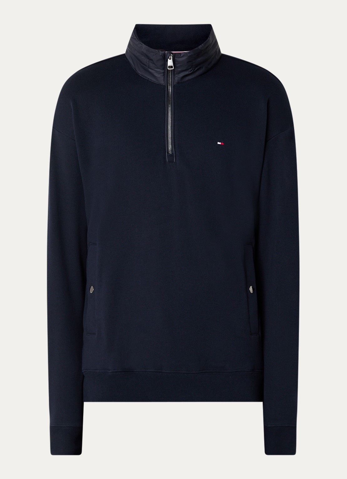 Tommy Hilfiger Mix Media sweater met halve rits en opbergbare capuchon - voorkant donkerblauw
