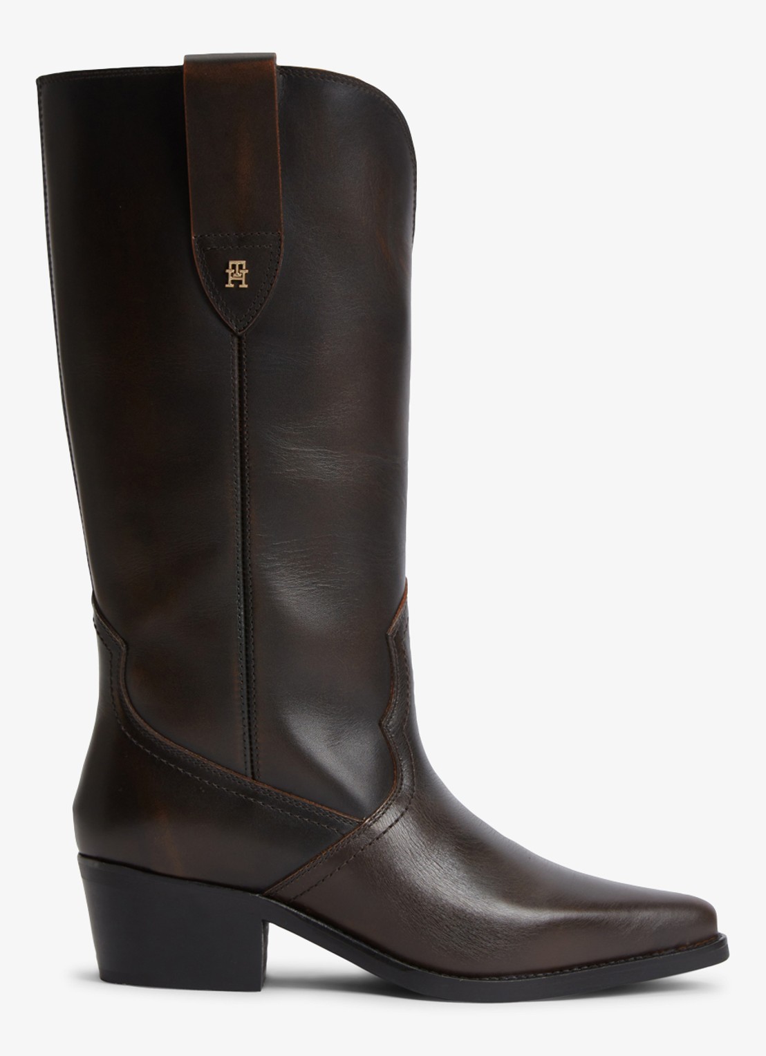 Tommy Hilfiger Monogram cowboylaars van leer  - voorkant donkerbruin