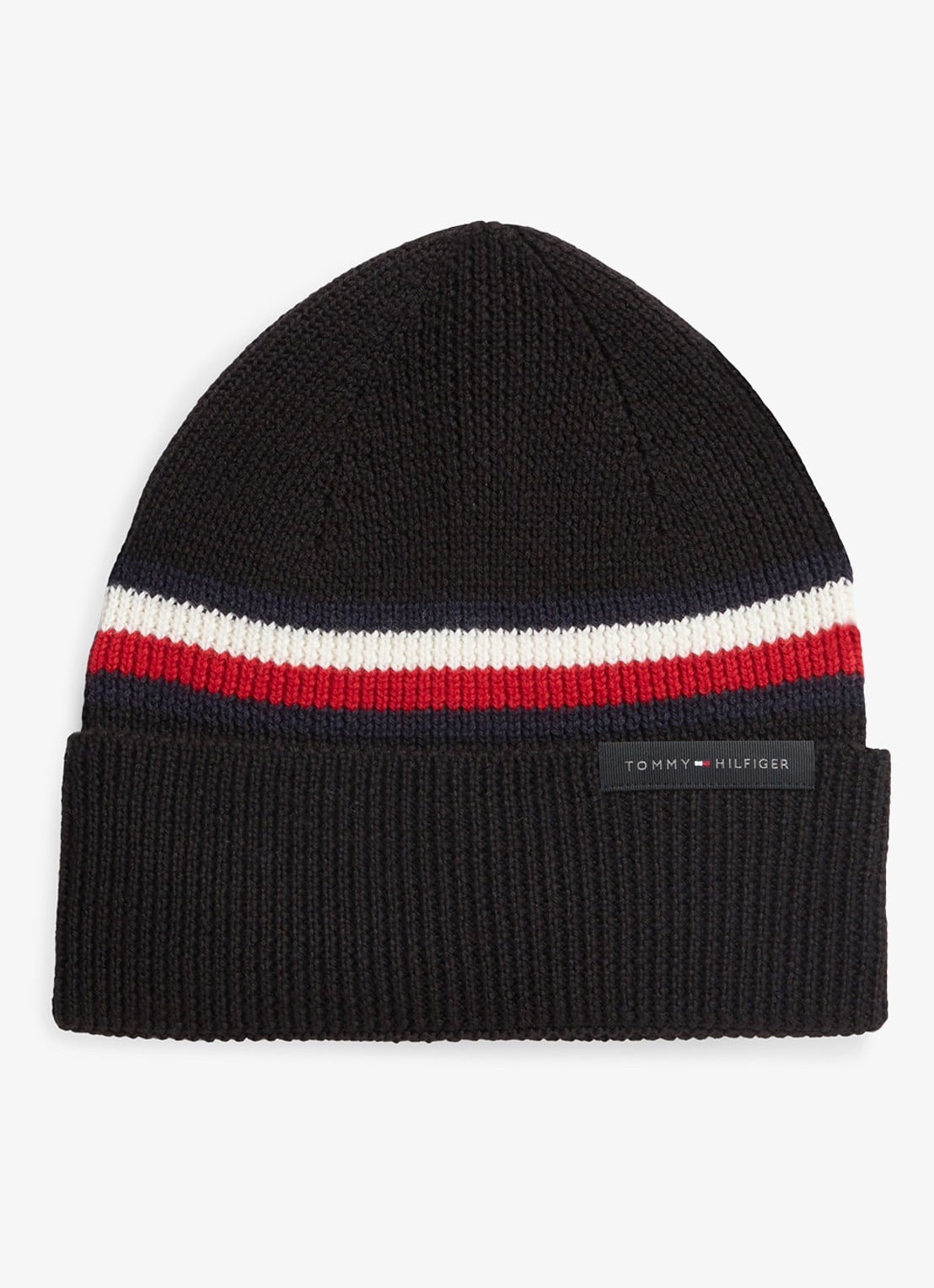 Tommy Hilfiger Muts in wolblend met streepprint - voorkant diepzwart