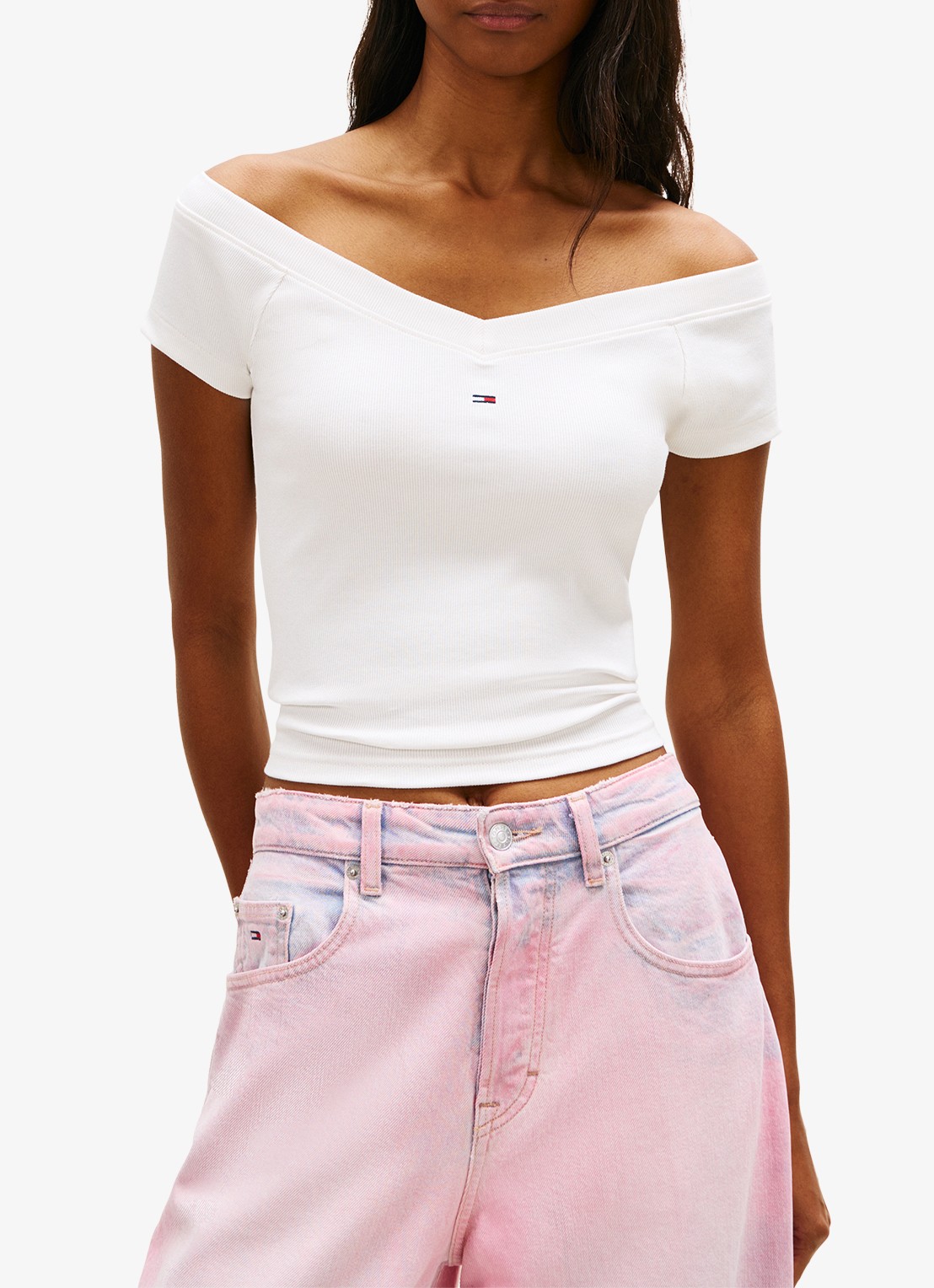 Tommy Hilfiger Off-shoulder top met logoborduring - detail 4 wit