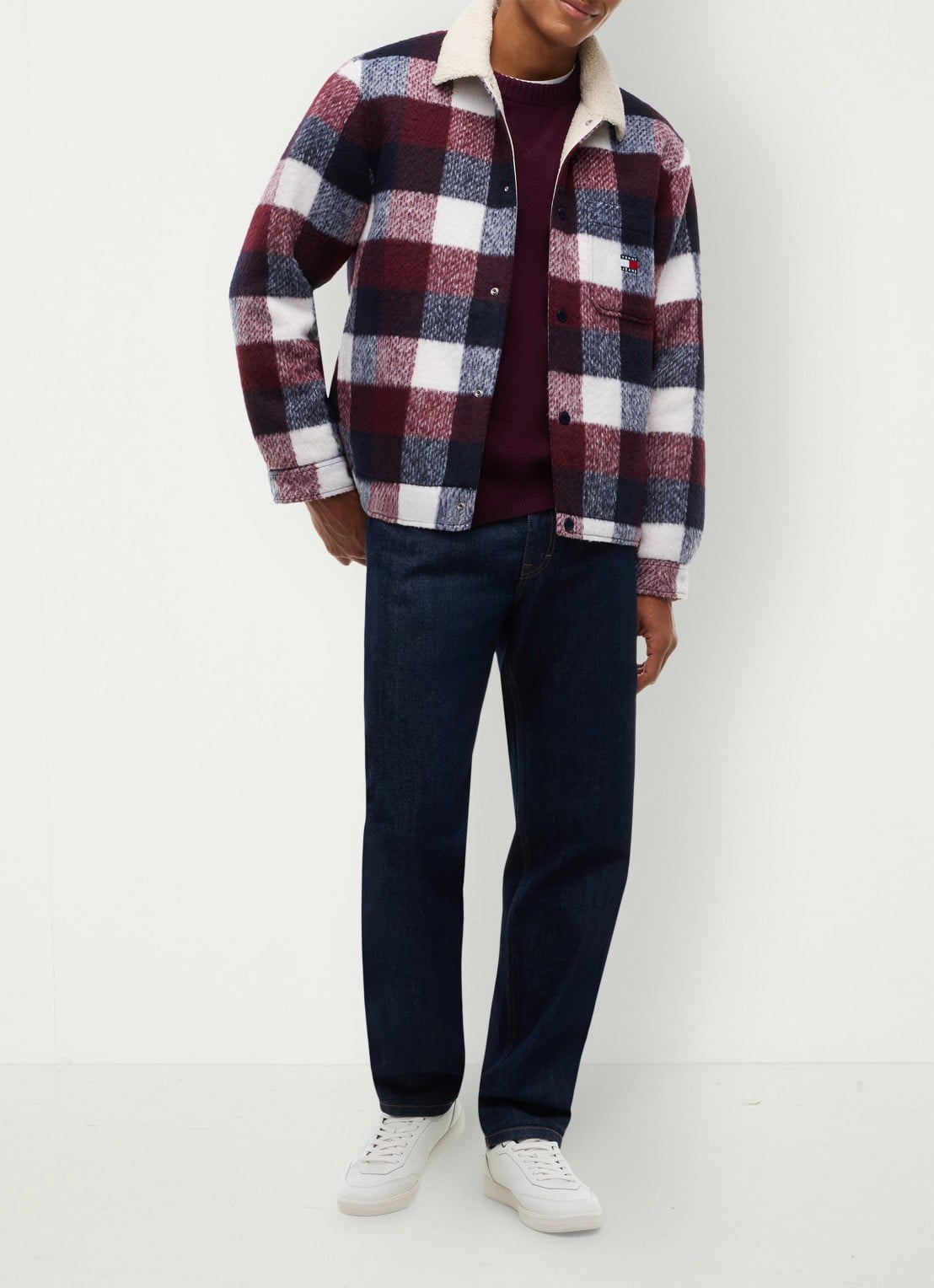 Tommy Hilfiger Oversized overshirt met teddy voering en ruitdessin - voorkant 5 donkerblauw