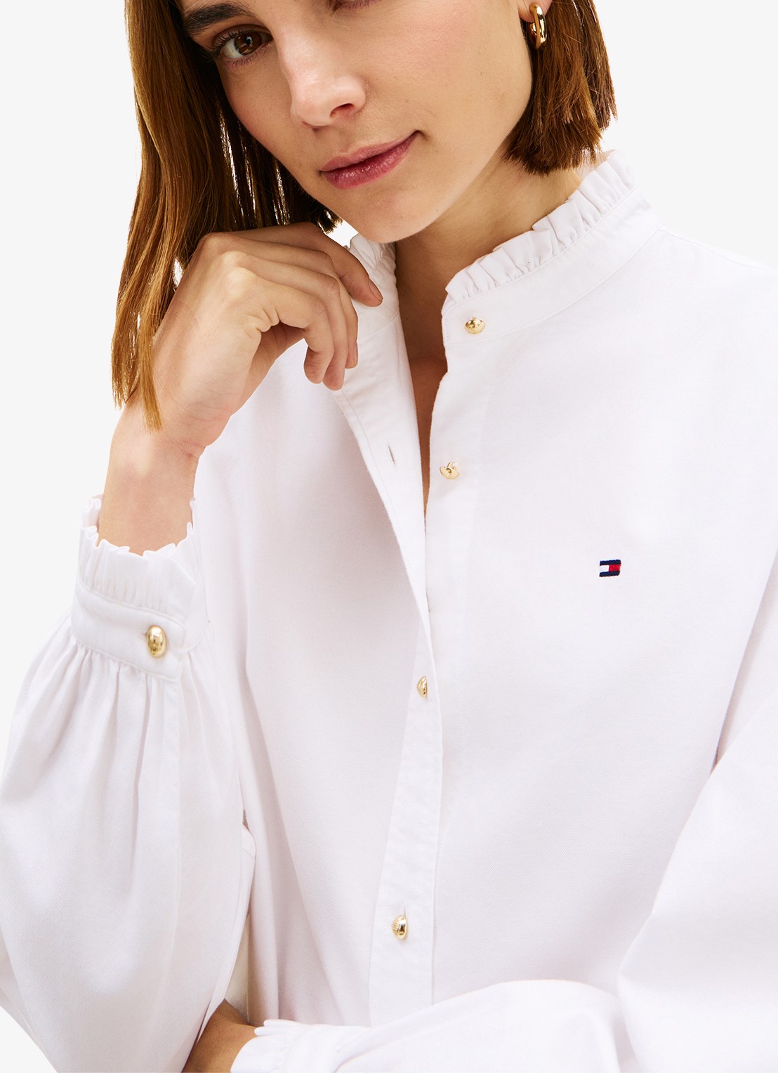 Tommy Hilfiger Oxford blouse met ruches en opstaande kraag - detail 5 wit