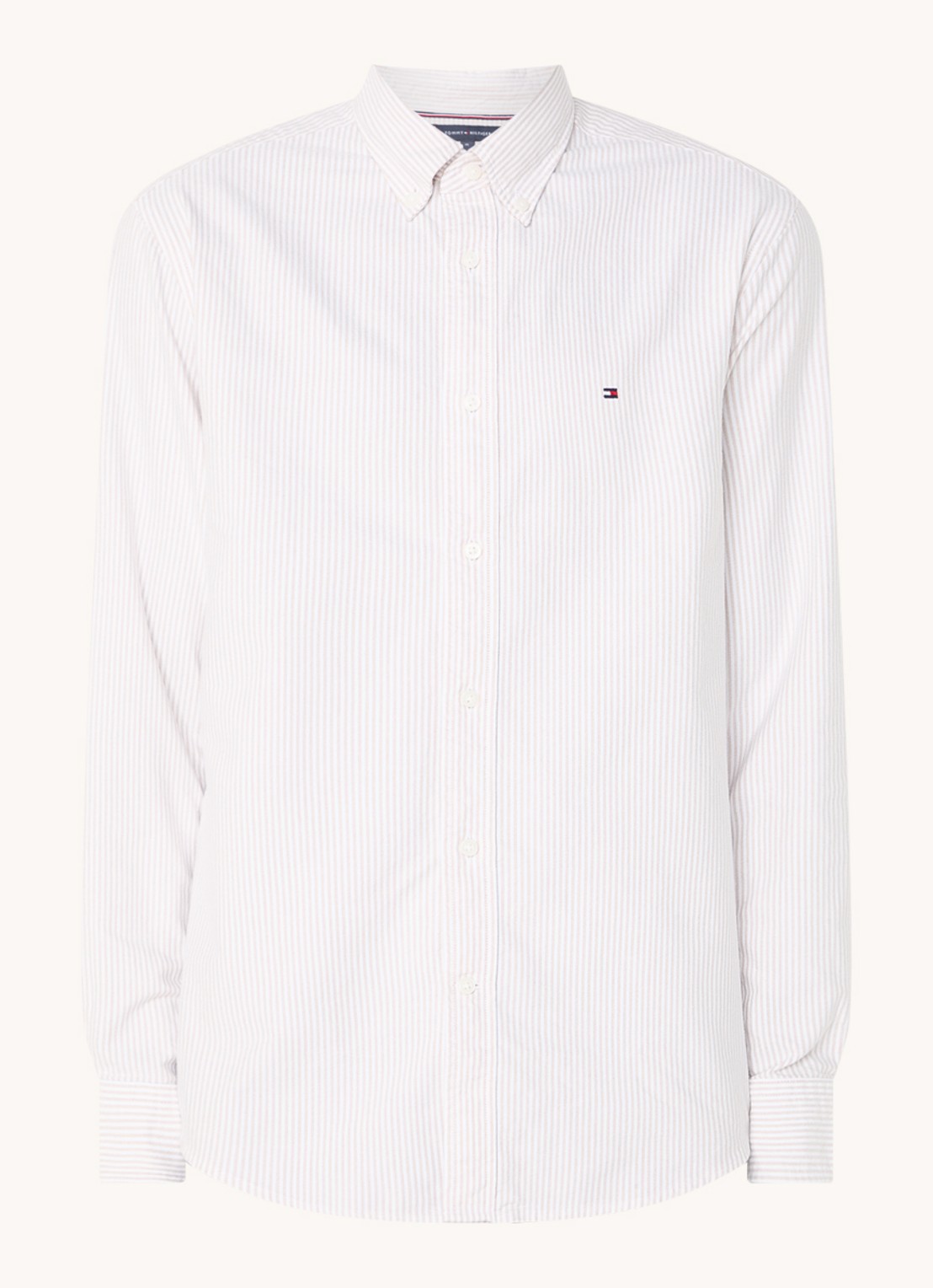 Tommy Hilfiger Oxford regular fit overhemd met streepprint - voorkant beige