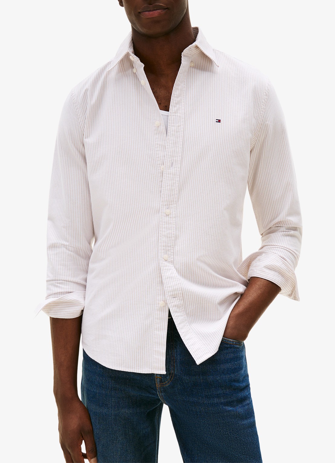 Tommy Hilfiger Oxford regular fit overhemd met streepprint - detail safari canvas / white-0bj