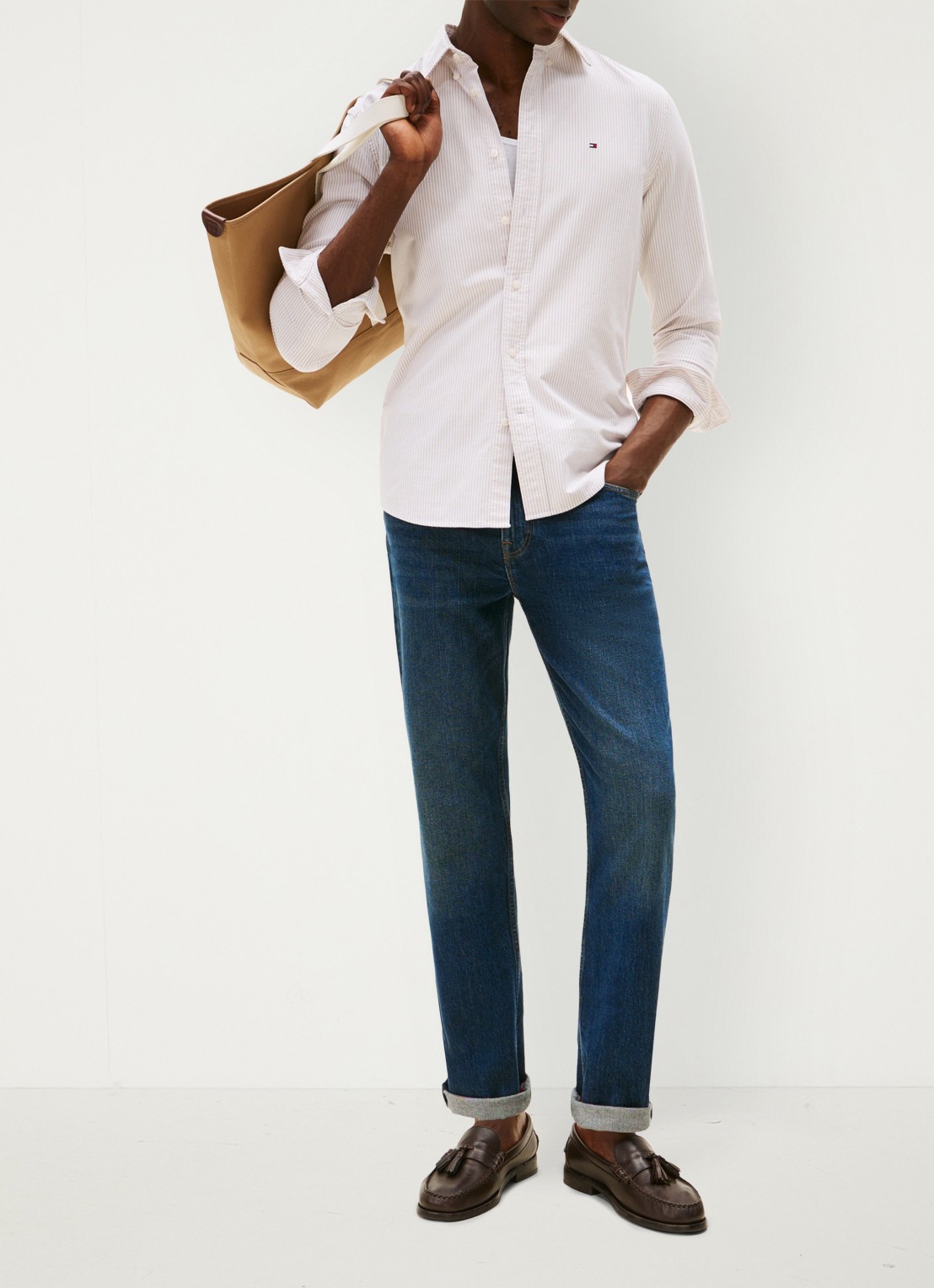 Tommy Hilfiger Oxford regular fit overhemd met streepprint - voorkant 3 safari canvas / white-0bj