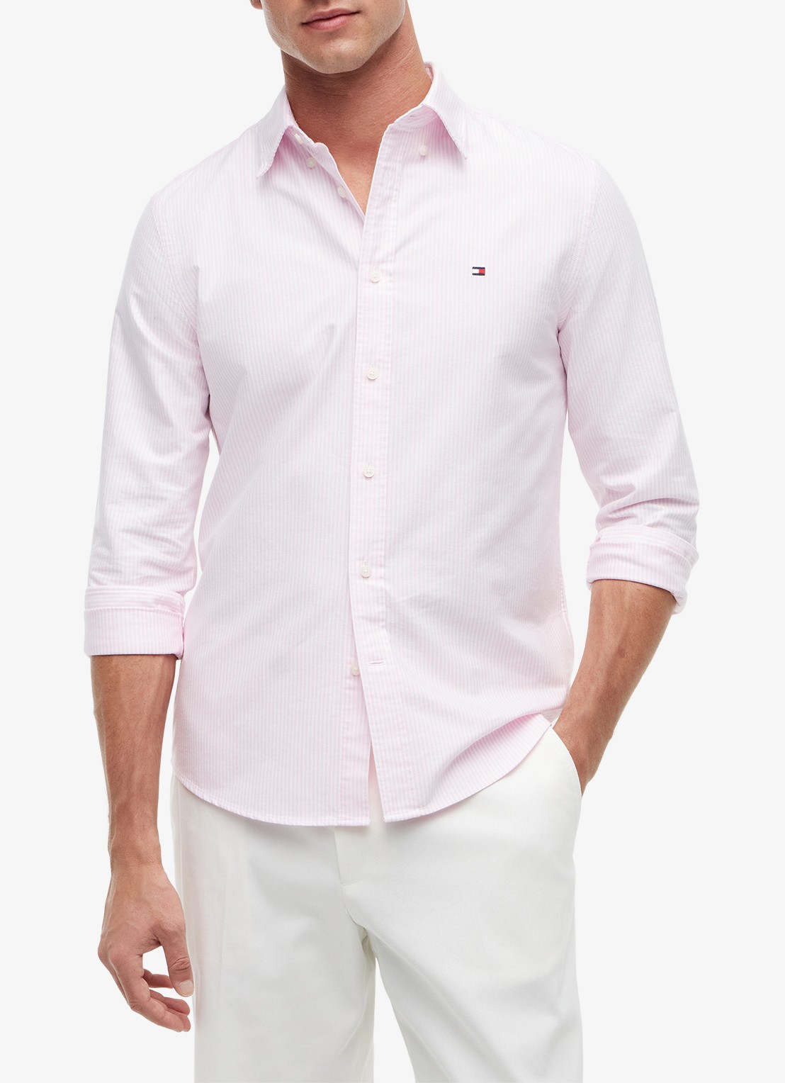 Tommy Hilfiger Oxford regular fit overhemd met streepprint - detail 4 lichtroze