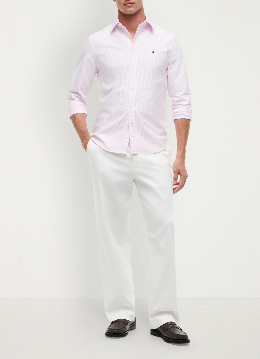 Tommy Hilfiger Oxford regular fit overhemd met streepprint - voorkant 2 lichtroze