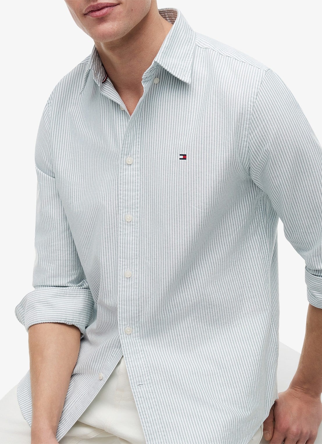 Tommy Hilfiger Oxford regular fit overhemd met streepprint - detail 4 ornamental green / white