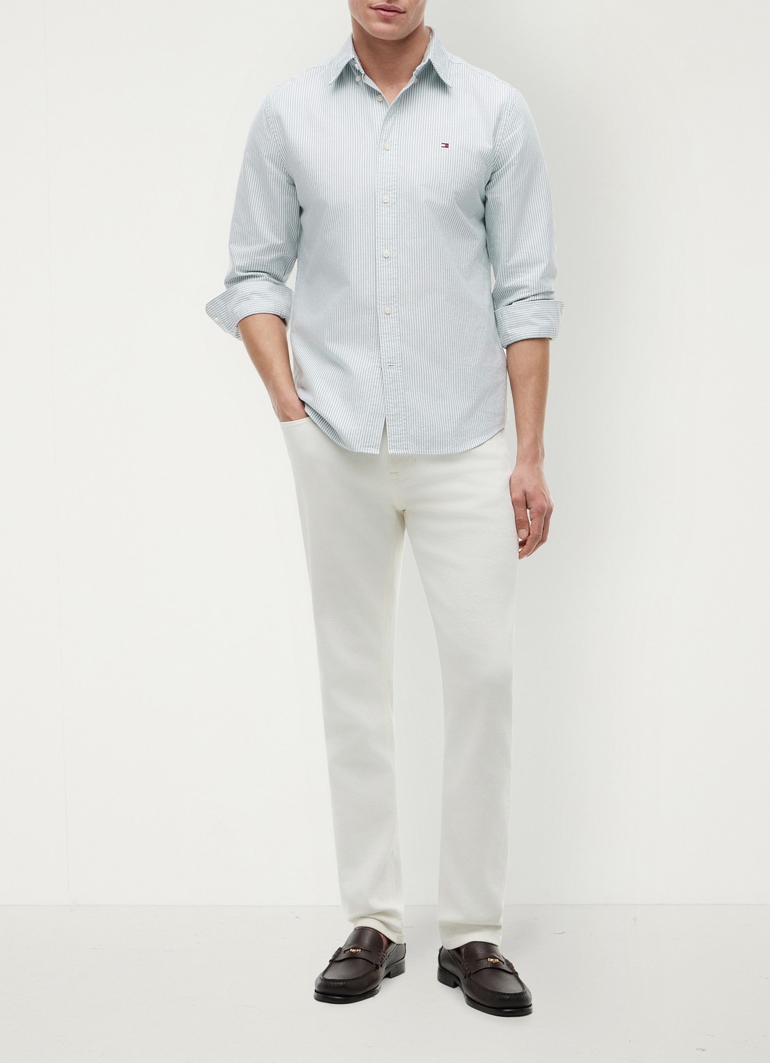 Tommy Hilfiger Oxford regular fit overhemd met streepprint - voorkant 2 ornamental green / white