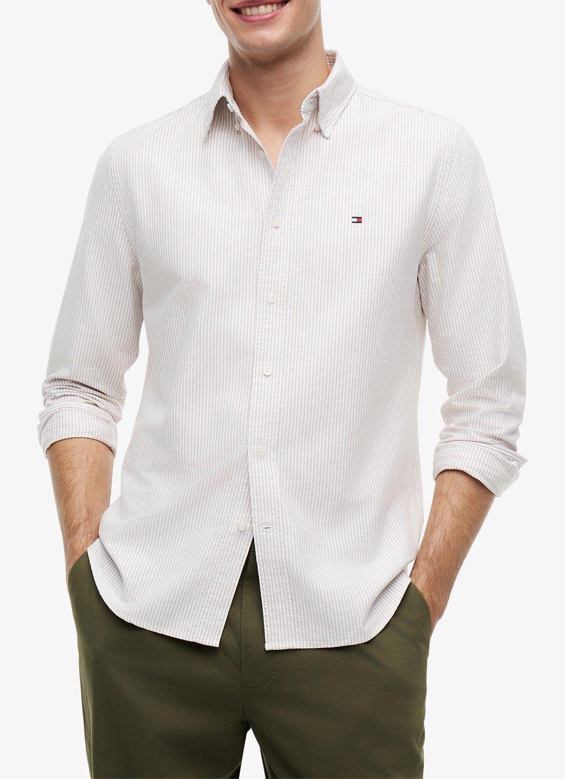 Tommy Hilfiger Oxford regular fit overhemd met streepprint - detail coastal taupe / stripe-0aa / beige