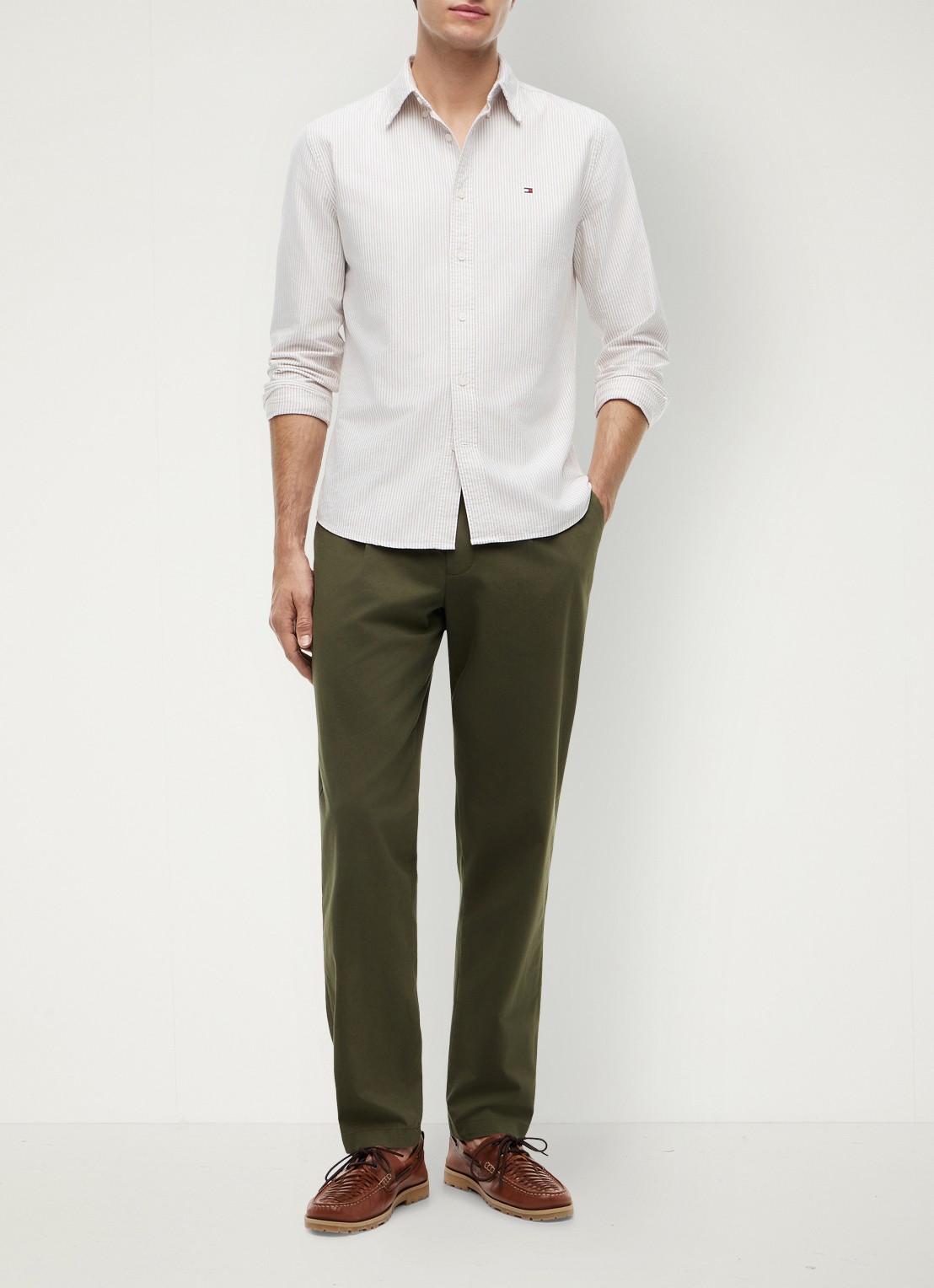 Tommy Hilfiger Oxford regular fit overhemd met streepprint - voorkant 6 coastal taupe / stripe-0aa / beige