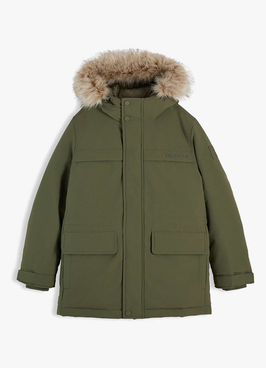 Tommy Hilfiger Parka met steekzakken en logo - voorkant legergroen