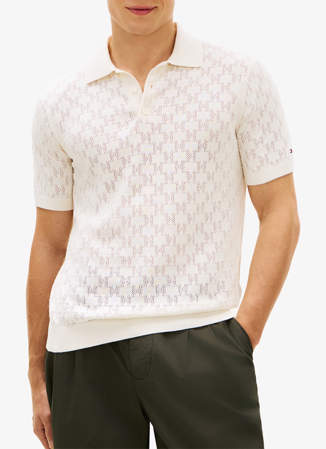 Tommy Hilfiger Polo met opengewerkt detail  - detail 2 beige