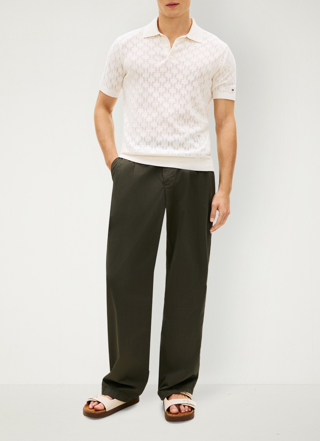 Tommy Hilfiger Polo met opengewerkt detail  - voorkant 5 beige