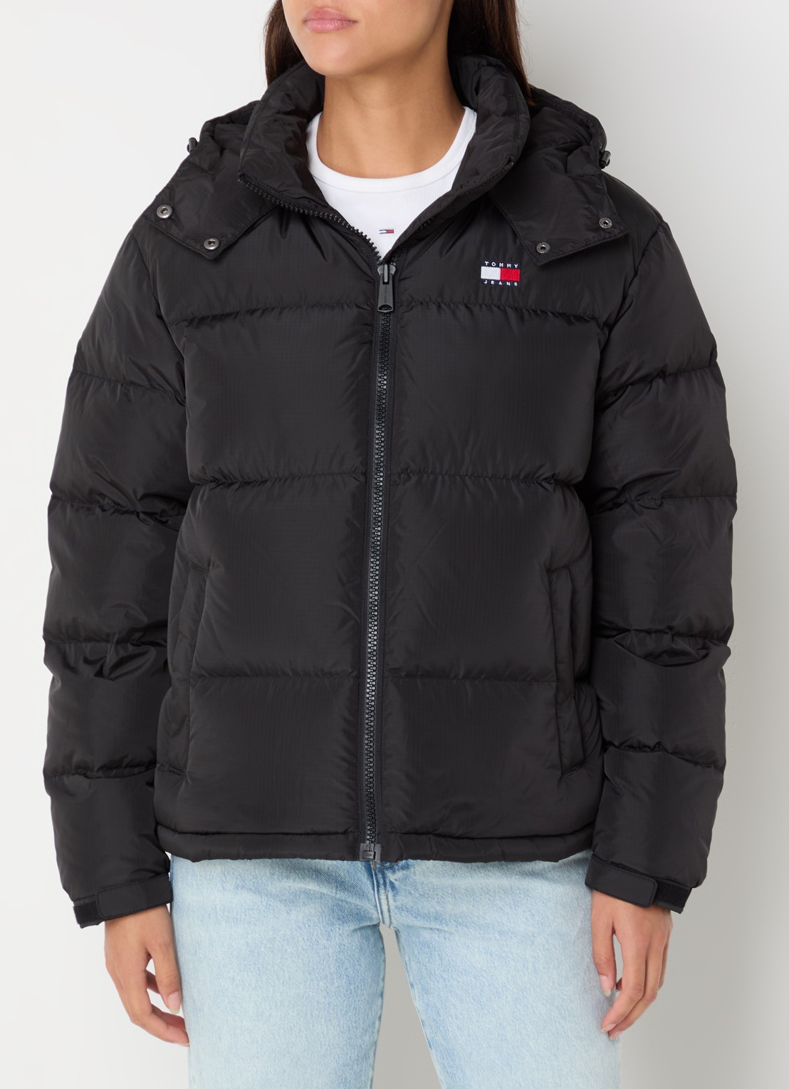 Tommy Hilfiger Puffer jack met donsvulling en afneembare capuchon - detail zwart