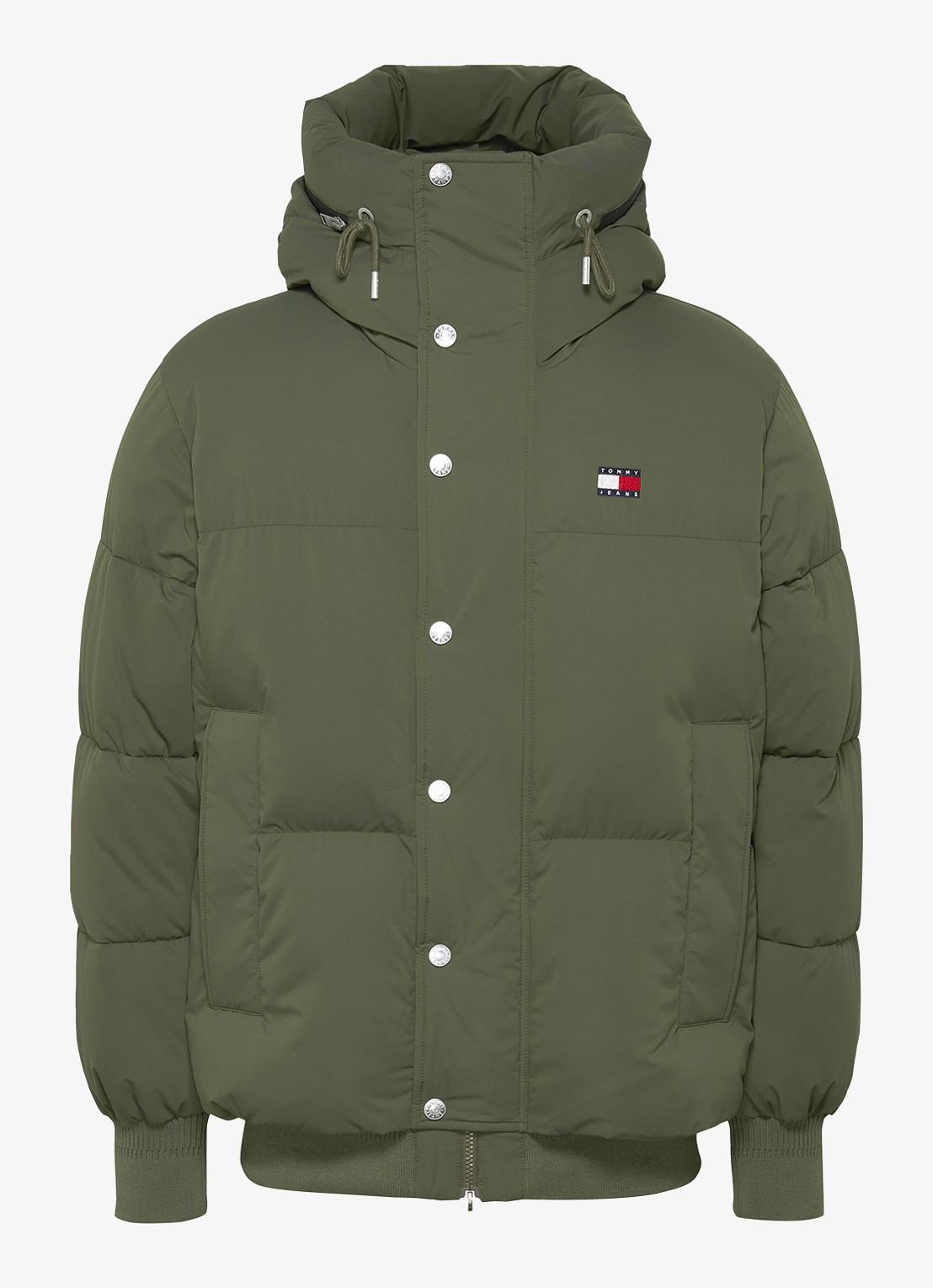 Tommy Hilfiger Puffer jas met capuchon en logo - voorkant olijfgroen